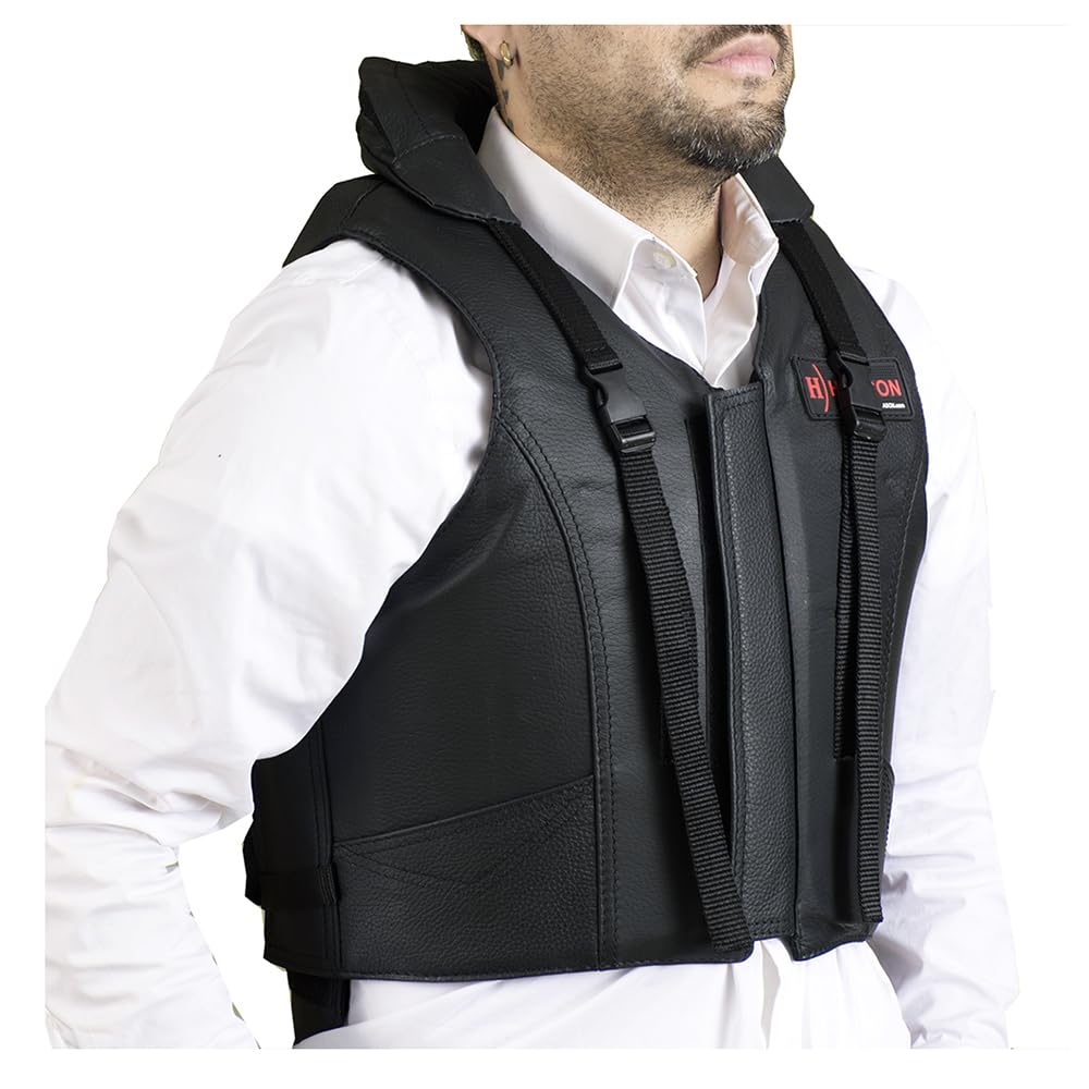 HILASON Black Leather Bull Riding Safety Vest with Tall Collar – Unisex Equestrian Protective Vest for Rodeo, Ranch Work & Western Riding