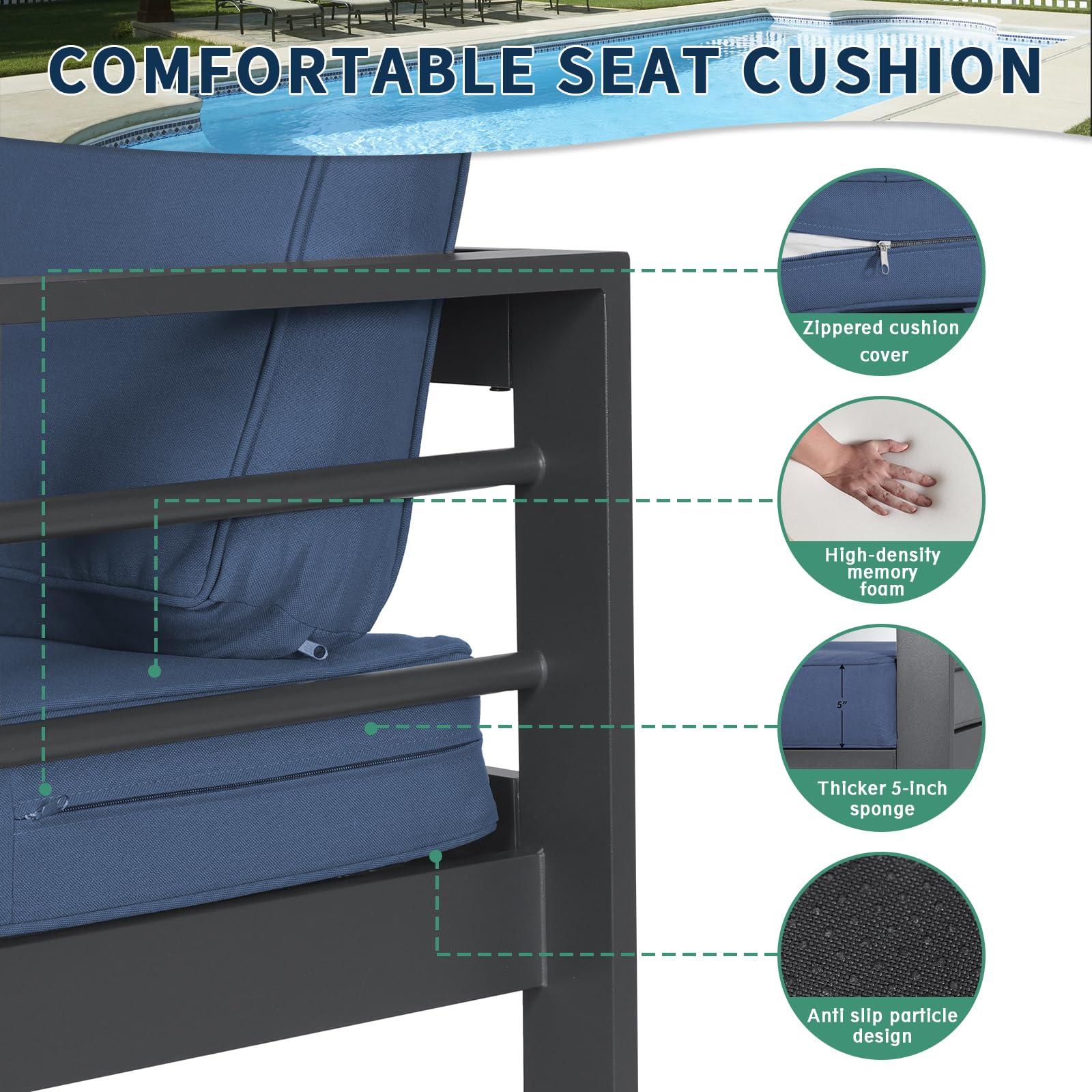 Amopatio Oversized Aluminum Patio Loveseat - All-Weather Outdoor 2-Seater Sofa with 5-Inch Cushions, Modern Metal Furniture in Blue & Dark Grey - Perfect for Backyard, Poolside & Garden Relaxation