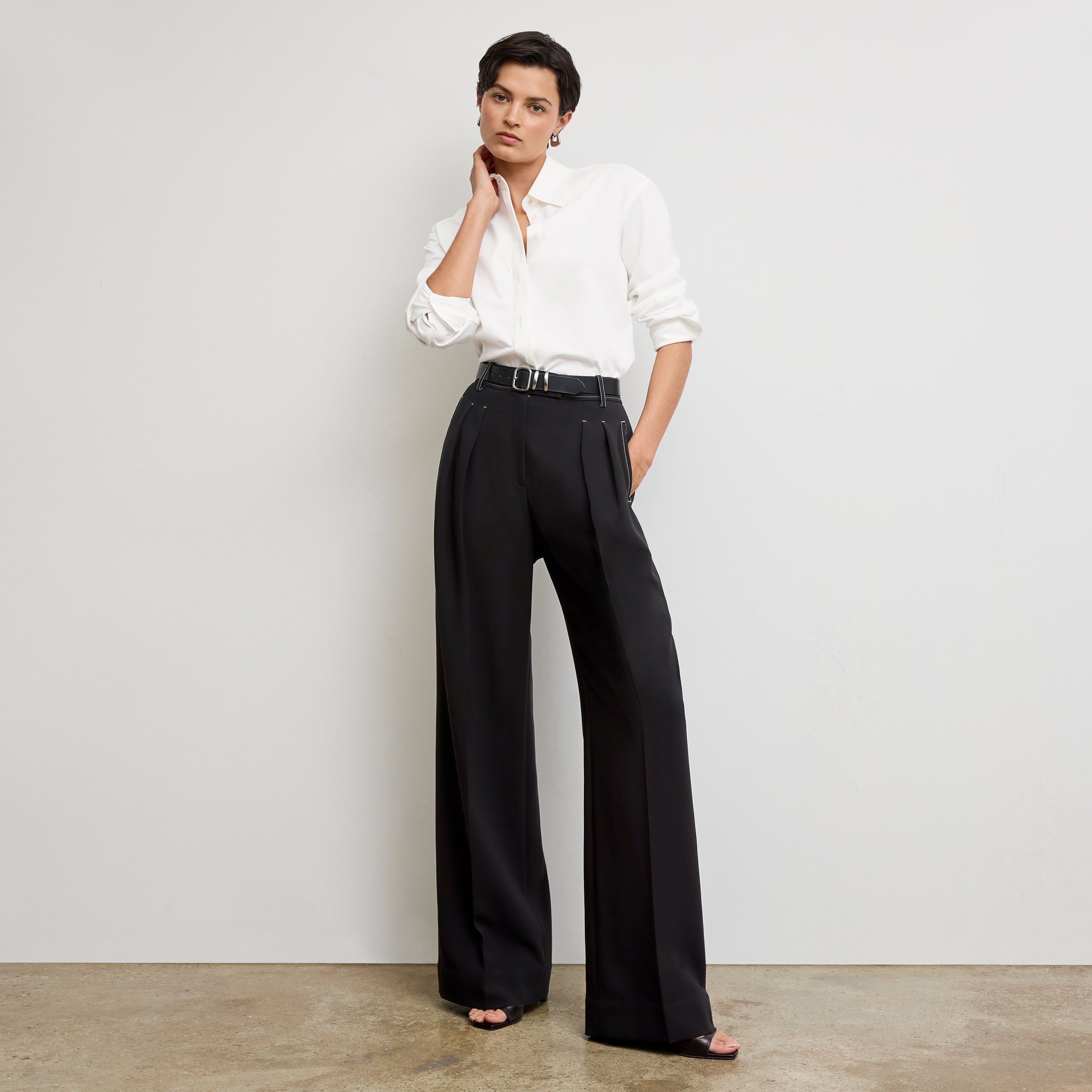 Bia Pleated Trousers for Women - High Waist Everyday Crepe Pants with Topstitch Detail - Comfortable Office Work Pants - Black - Perfect for Business Casual & Professional Wear