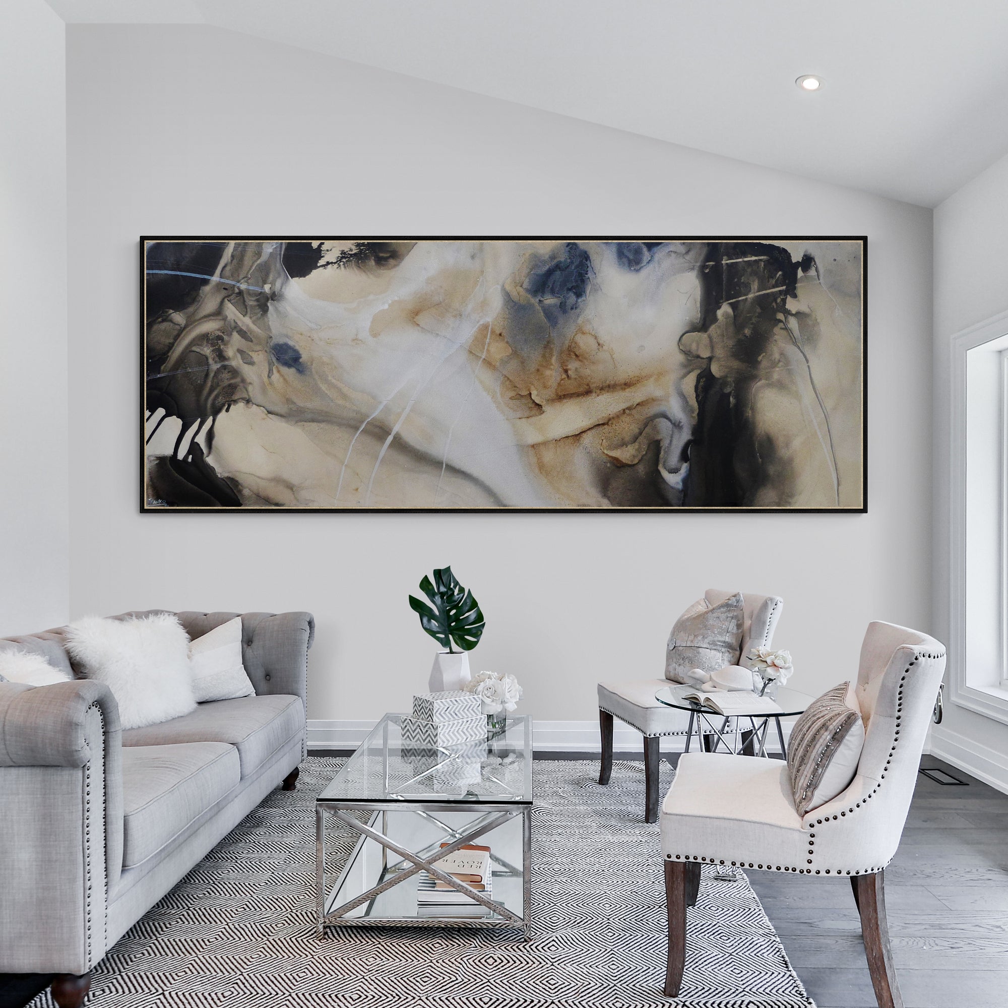 Abstract Textured Painting - 79x270cm Blue Rust White Cream Grey - Modern Wall Art for Living Room, Bedroom & Office Decor
