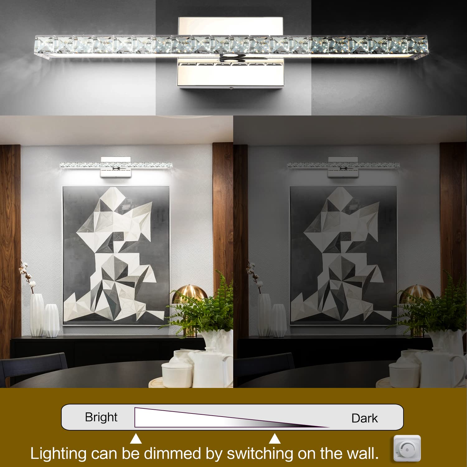 SOLFART 25.4 Inch LED Vanity Mirror Lights - 24W Dimmable Crystal Bathroom Light Fixture for Makeup Vanity, Dressing Room & Spa Decor