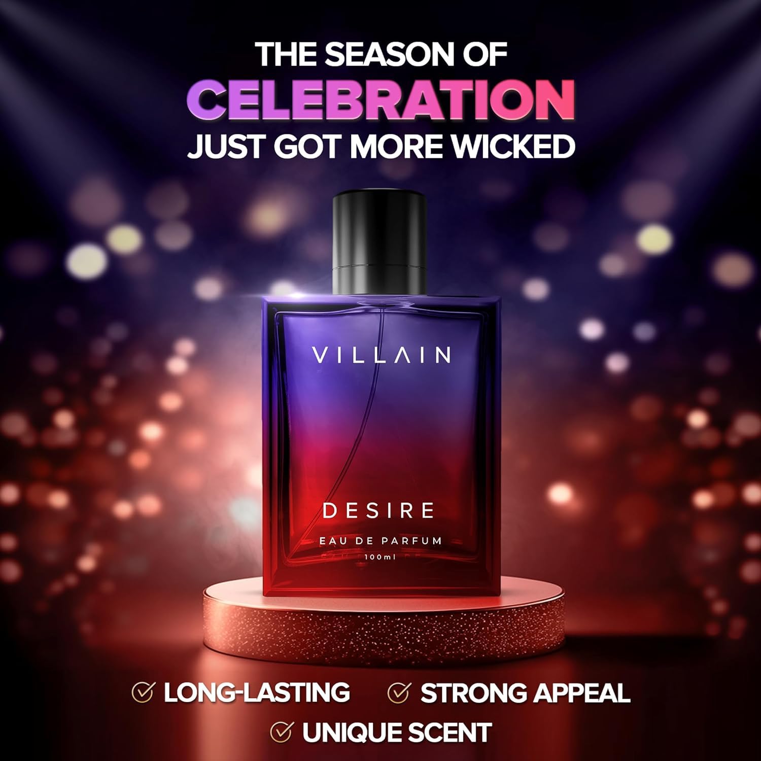 Vil'lain Desire Eau De Parfum for Men - Vanilla Amber Patchouli Scent | Long Lasting Premium Cologne | 100ml (3.38 Fl Oz) | Perfect for Date Night, Office & Special Occasions