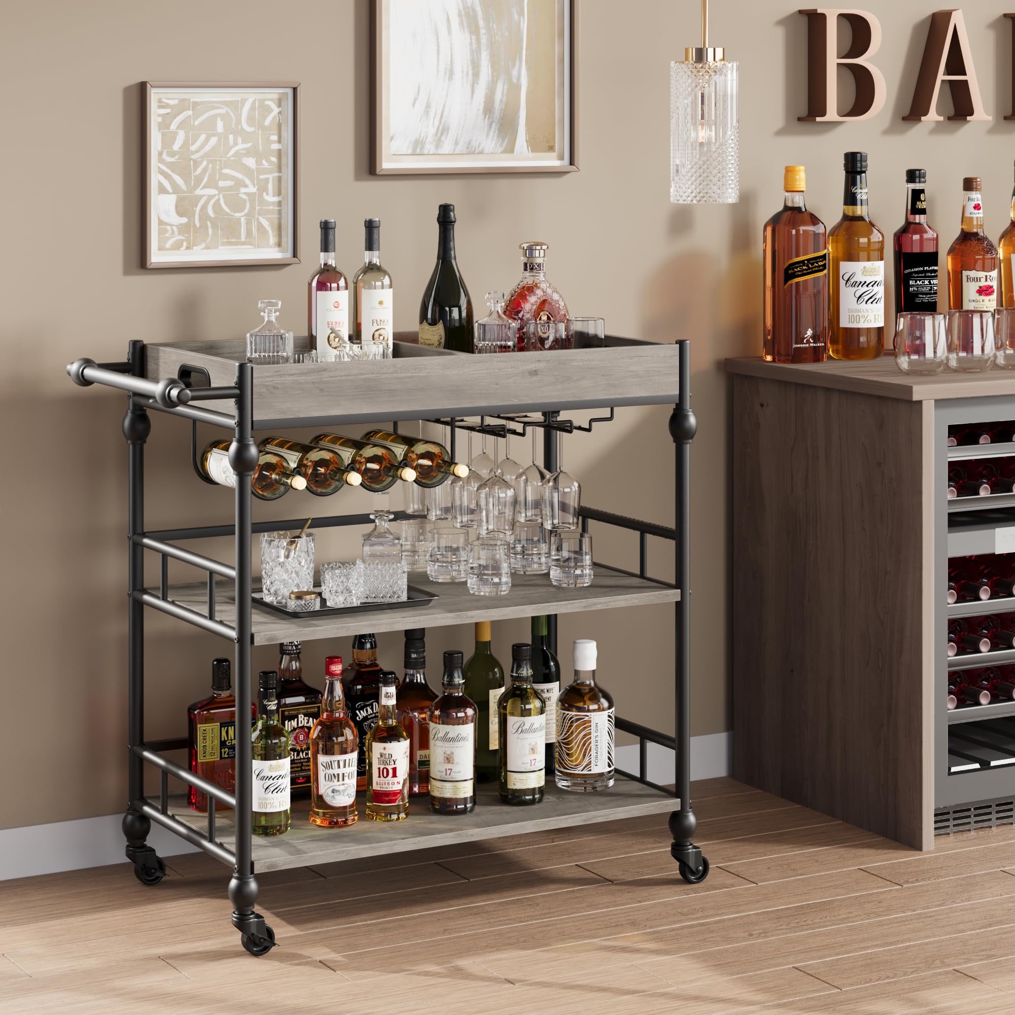GARVEE 3-Tier Rolling Bar Cart with Wheels - Wine Rack & Glass Holder - Mobile Kitchen, Living Room, Dining Room Furniture - Grey - Perfect for Home Entertaining & Small Space Storage