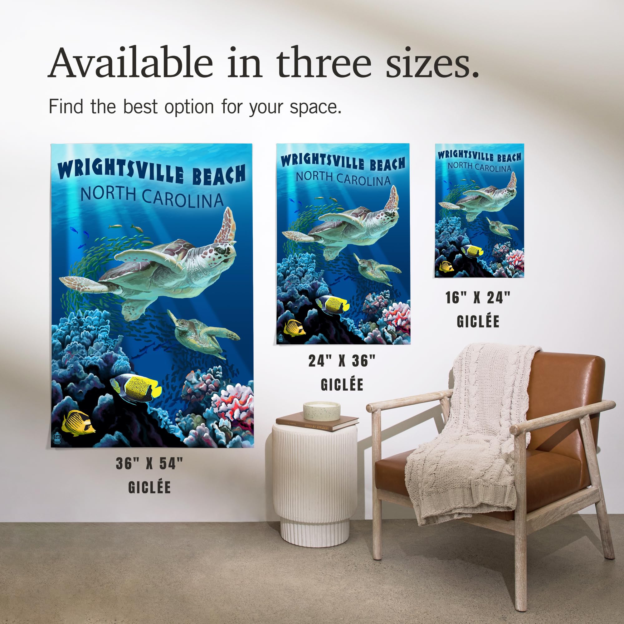 Lantern Press 36x54 Inch Giclee Art Print - Wrightsville Beach North Carolina Coastal Wall Decor with Sea Turtles | Perfect for Beach House, Living Room & Office Decor
