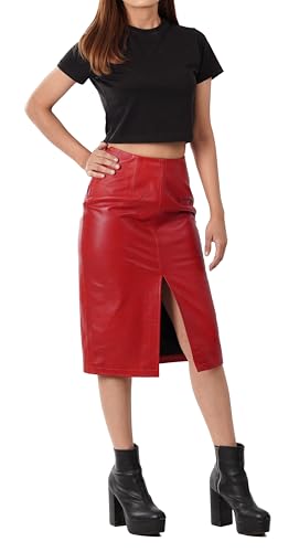 Deena - Red Leather High Waist Pencil Skirt