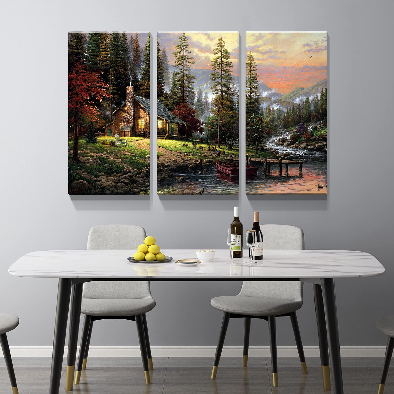 Denozer - 3 Panels Thomas Kinkade Garden Landscape Oil Painting Canvas Wall Art - Stretched & Framed Ready to Hang - 20