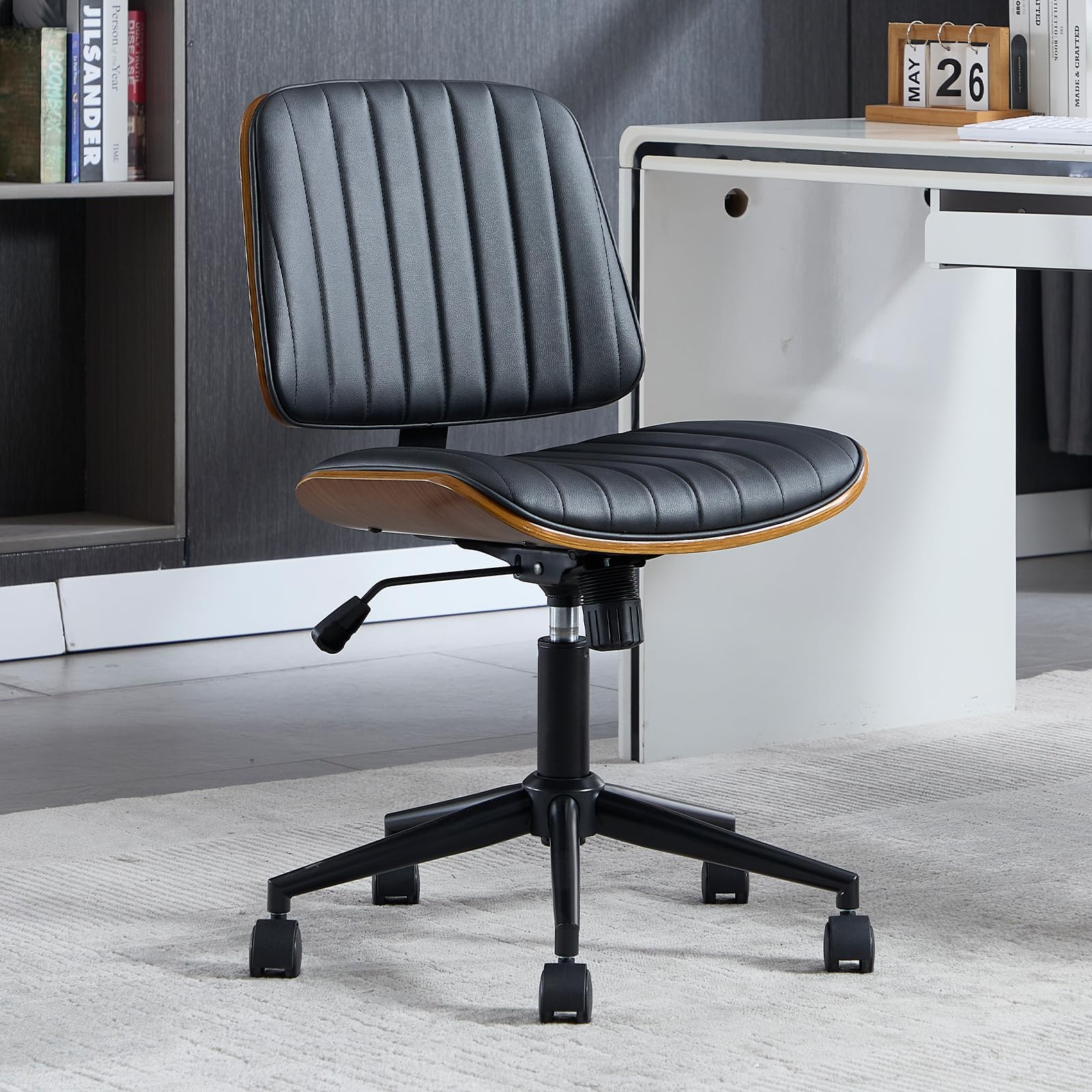 Ergonomic Small Home Office Chair - Armless Mid Back Desk Chair with 360° Swivel Wheels, PU Leather Upholstery & Height Adjustment - Modern Walnut Computer Chair for Home Office, Study Room or Conference Room - Black - Perfect for Remote Work, Online Meetings & Long Working Hours