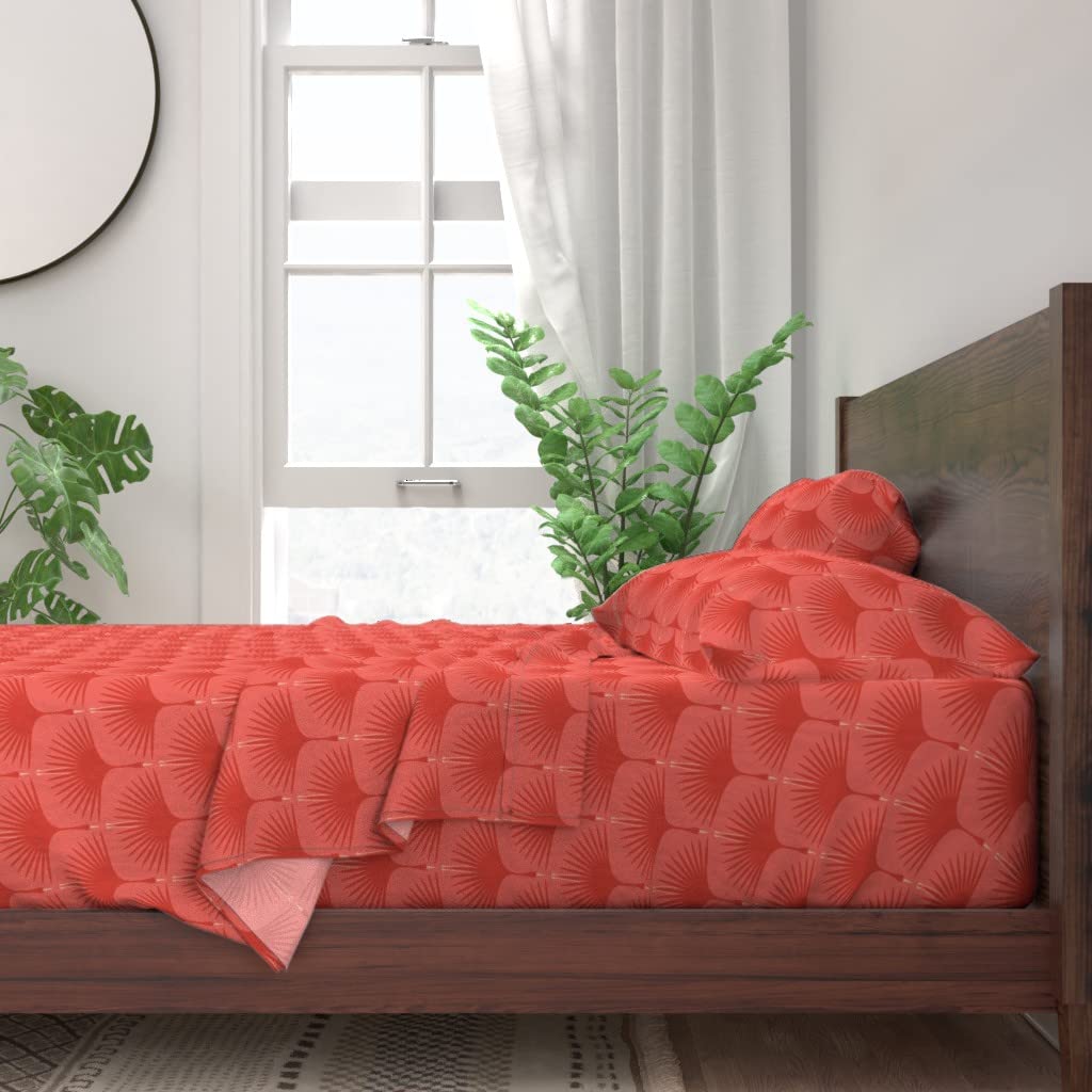 100% Cotton Twin Sheet Set 3pc - Red Coral Bird Art Deco Swan Crane Midcentury Modern Print | Custom Bedding for Home Decor & Vintage Style Bedrooms