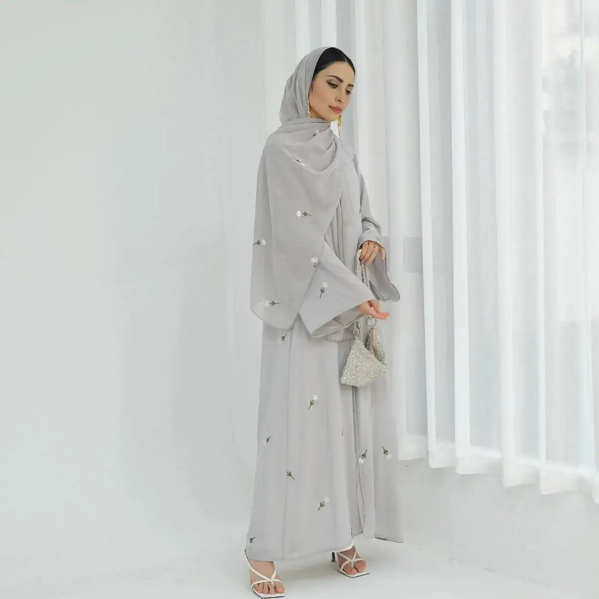 Elegant Floral Embroidered Nida Cardigan Open Abaya Dress with Matching Hijab - Perfect for Modest Fashion, Prayer Wear & Special Occasions