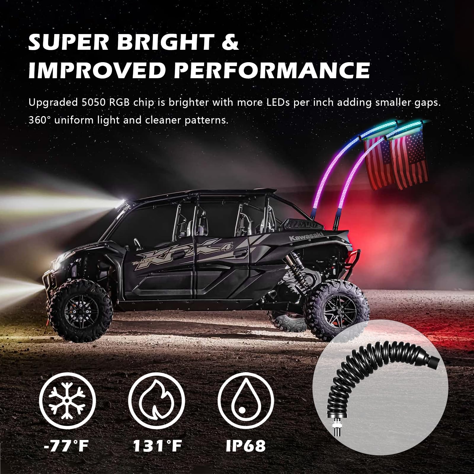 2-Piece 3FT LED Whip Lights with Spring Base - RGB Spiral Chase Lights with App & Remote Control for ATV, UTV, RZR, Truck, SXS - DIY Music Sync Lighting for Off-Road Adventures & Night Rides