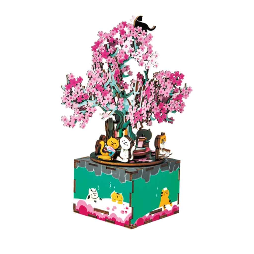 3D Wooden Music Box DIY Puzzle Kit - Rotating Cherry Blossom Tree Model Building Craft for Teens & Adults 14+ | Unique Gift for Birthday, Home Decor, Relaxation & Stress Relief