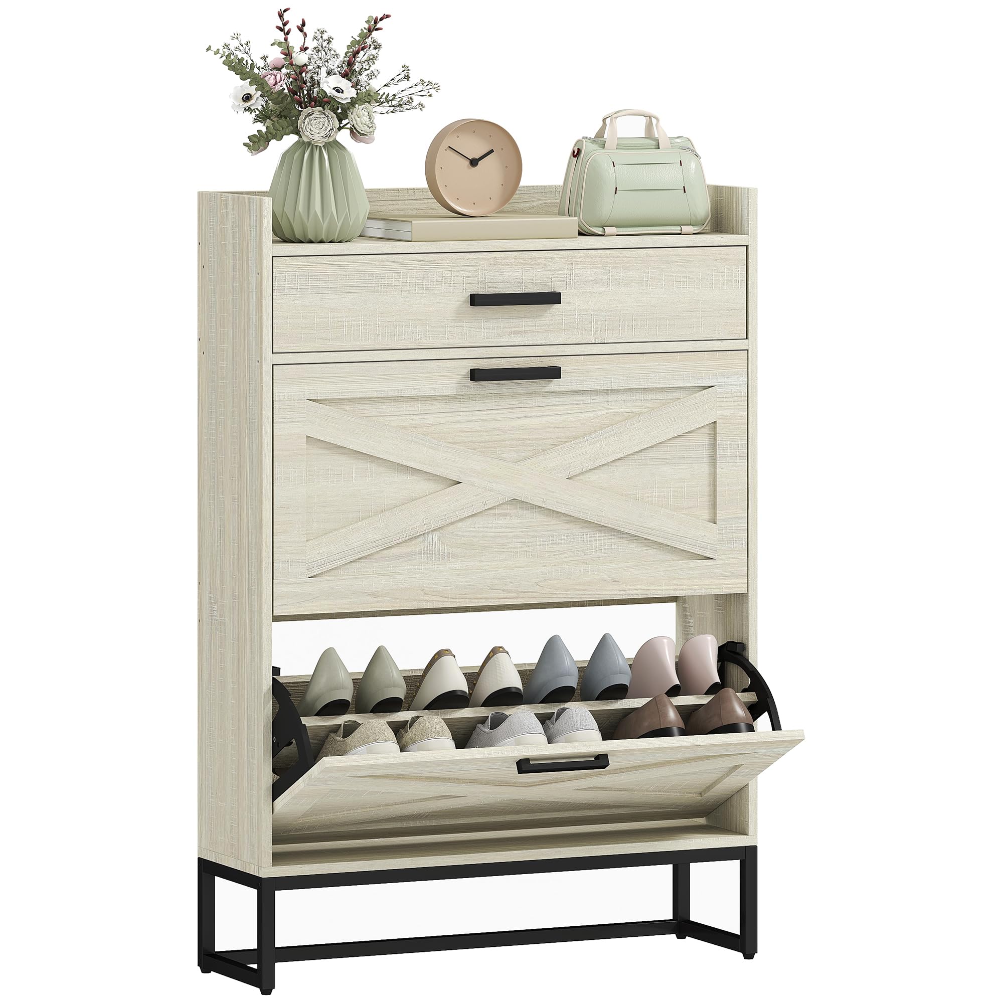 HOMCOM 12-Pair Narrow Shoe Storage Cabinet with 2 Flip Drawers, Adjustable Shelves & Top Drawer - Farmhouse Entryway Shoe Organizer in Distressed White for Hallway, Closet & Mudroom Organization