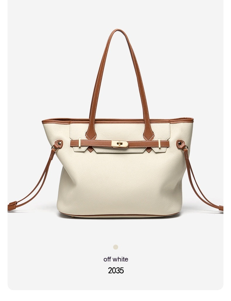 Genuine Leather Tote Bag with Lock Design - Large Capacity Shoulder Bag for Women, Perfect for Work, Travel, and Everyday Use