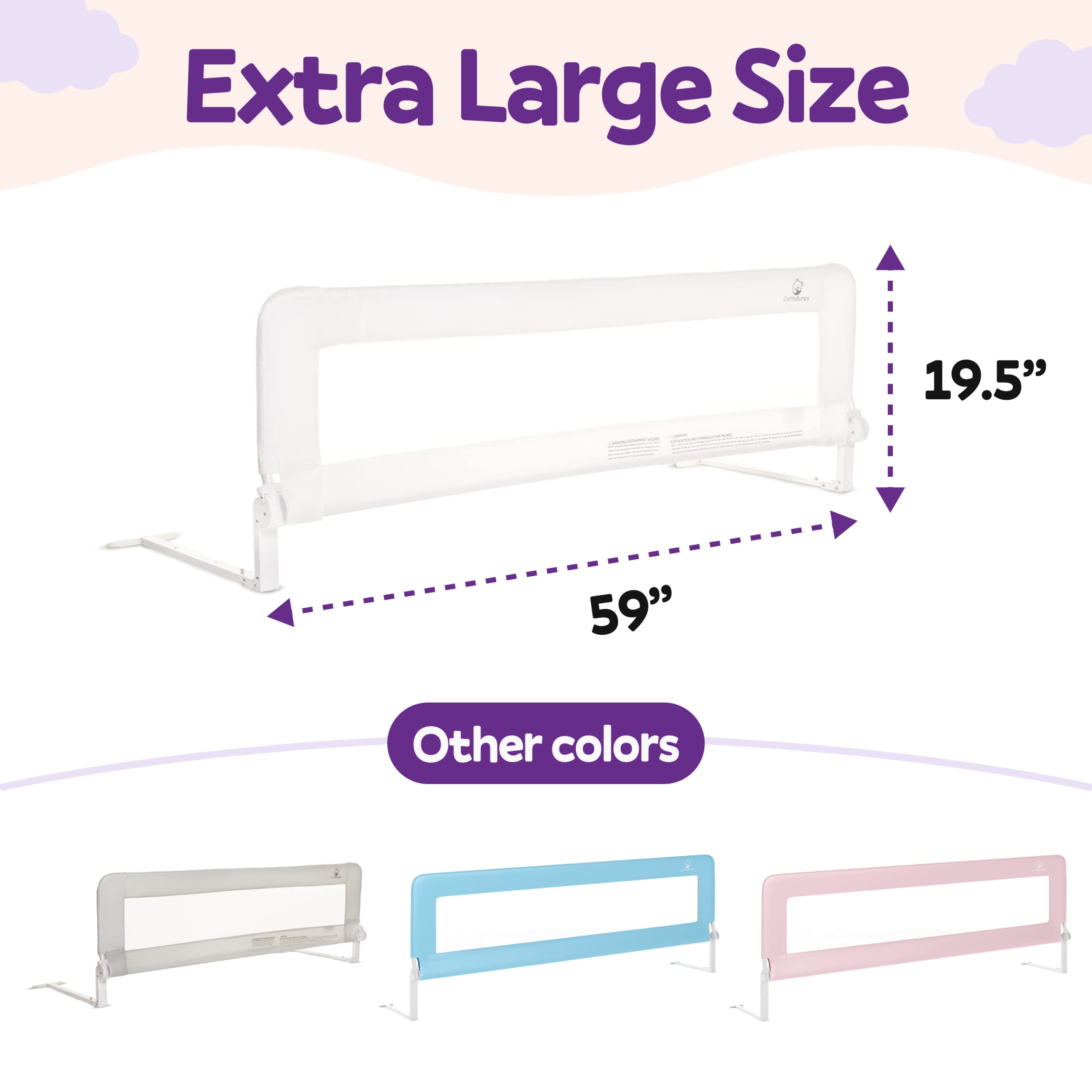 ComfyBumpy Extra Long Adjustable Toddler Bed Rails - Safety Bed Rail Guard for Kids & Babies - Fits Twin, Full, Queen & King Size Beds - White XL (59