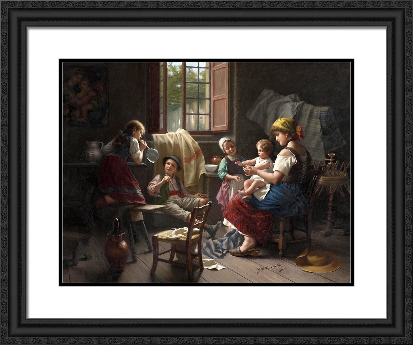 Blowing Bubbles by Giovanni Battista Torriglia - 24x20 Inch Black Ornate Framed Art Print with Double Matting - Perfect for Living Room, Bedroom & Office Wall Decor