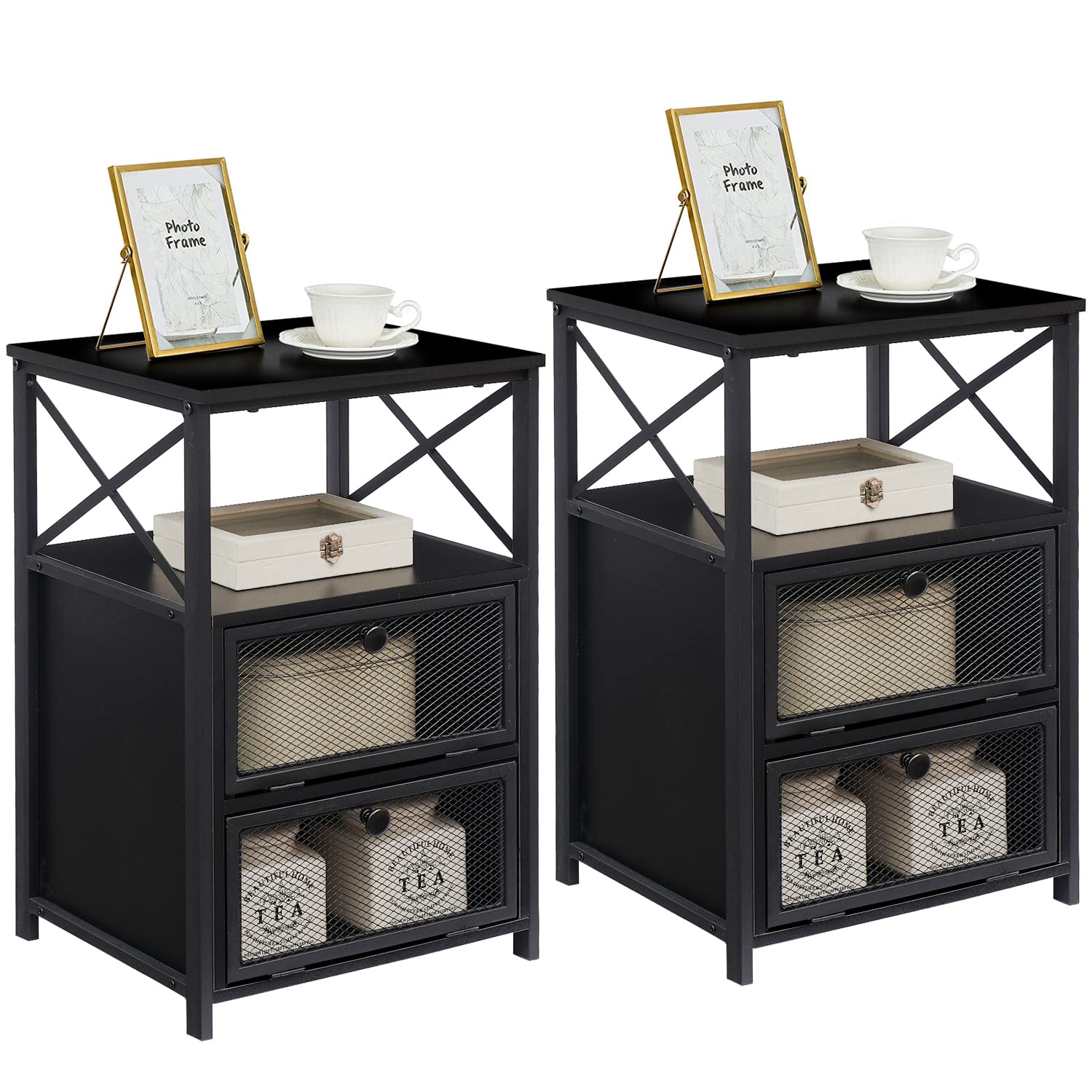 Modern Nightstands Set of 2 - Industrial Design Bedside Tables with Drawers & Storage Shelf for Bedroom, Living Room - Black End Tables (Perfect for Small Spaces & Apartment Decor)