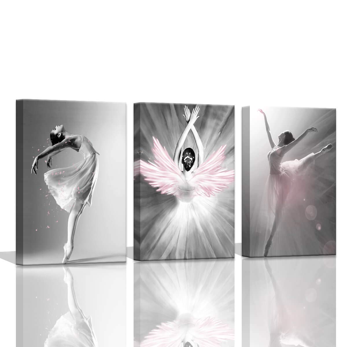 Ballet Dancer Wall Art Set - 3 Piece Black & White with Pink Canvas Prints (12x16 Inch) for Girls Bedroom Decor, Home Wall Decorations | Perfect for Nursery, Teen Room & Dance Studio Aesthetic