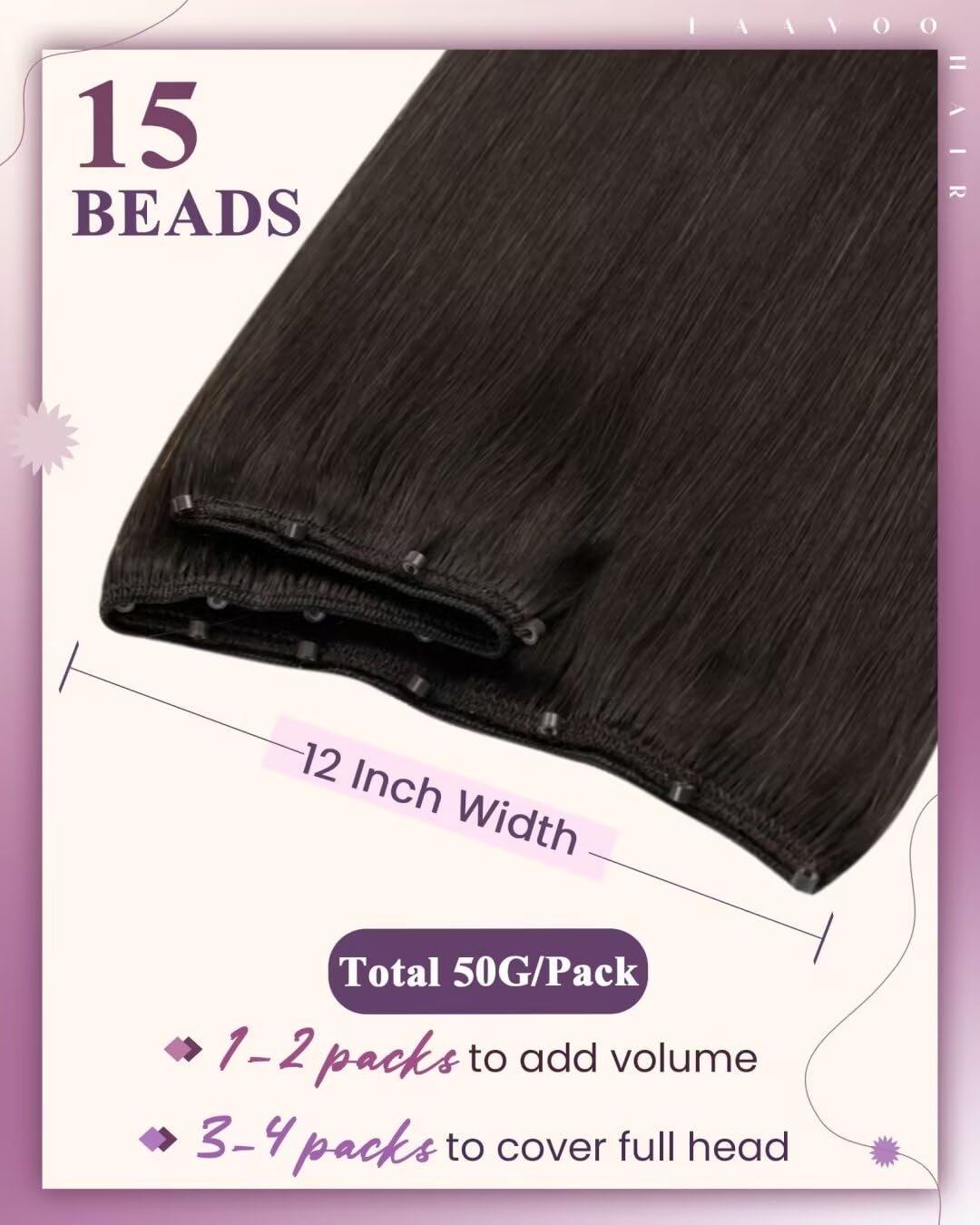 LaaVoo 20inch Brown Beaded Weft Hair Extensions - 50g Real Human Hair for Natural Volume & Length | Perfect for Daily Styling, Weddings & Special Occasions