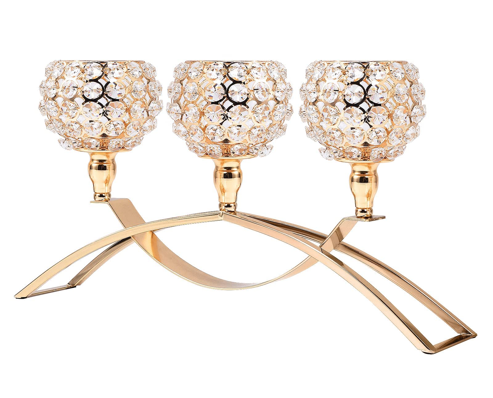 Gold Crystal Beaded 3-Arm Candelabra Candle Holder - Elegant Hurricane Tea Light Centerpiece for Wedding, Dining Table, Coffee Table Decor - Perfect Living Room & Dinner Table Decoration - Thoughtful Gift for Women, Wife, Mom - Ideal for Romantic Dinners, Holiday Decor & Special Occasions