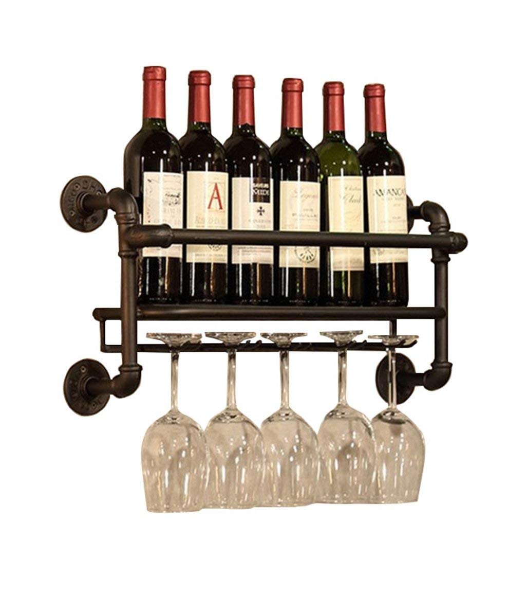 Vintage Metal Wall Mount Wine Rack - Rustic Hanging Wine Glass & Bottle Holder Organizer for Kitchen, Bar, Dining Room (Black)