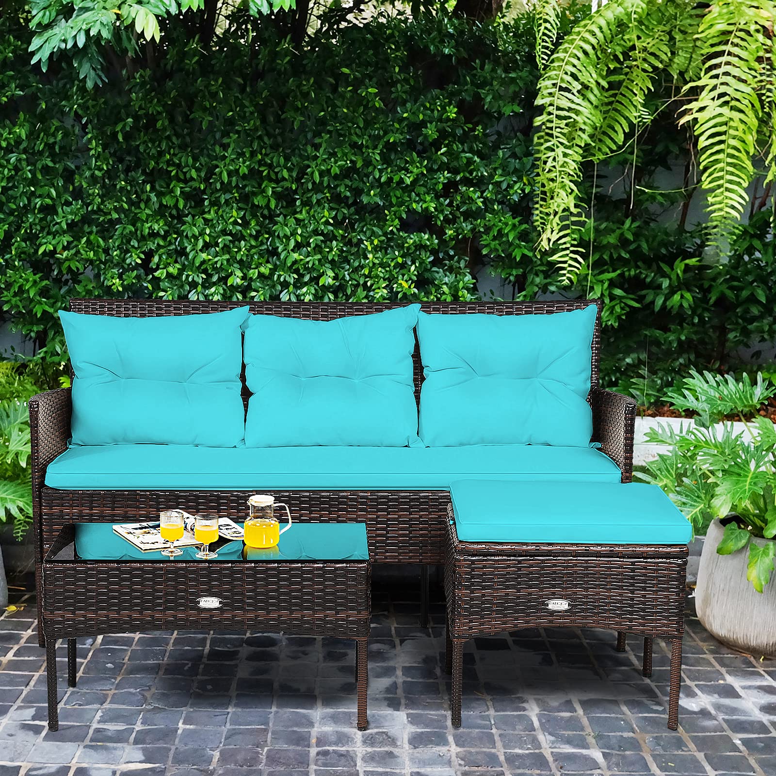Outdoor Rattan Conversation Set - 3 Piece Patio Furniture with Tempered Glass Coffee Table, 5 Elastic Seat & Back Cushions, Sectional Sofa for Poolside, Balcony, Backyard | Perfect for Relaxing, Entertaining & Outdoor Gatherings