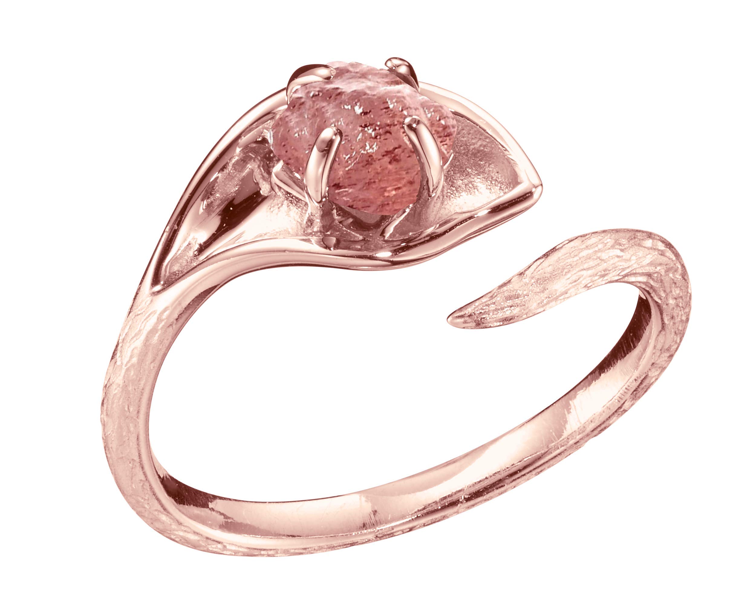 Majade Lily Wedding Ring Set - Raw Rose Quartz Engagement Ring & Pink Sapphire Wedding Band Bridal Set in 14K Gold | Handmade Twig Wood Texture, Nature-Inspired Floral Matching Rings for Brides, Anniversaries & Romantic Gifts