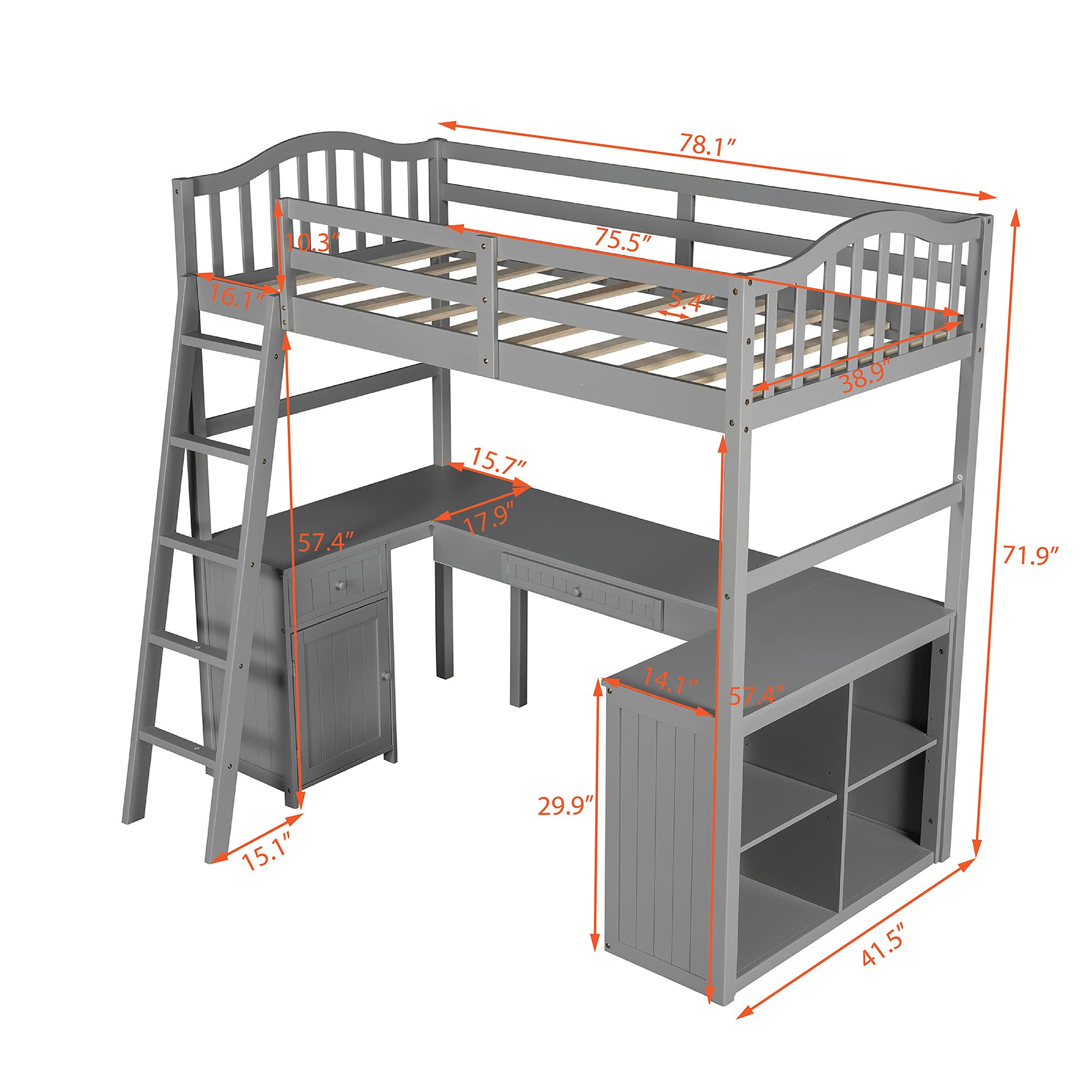 **Twin Size Loft Bed with Desk & Storage - Wooden Loft Bed with Drawers, Cabinet & Shelves for Kids, Teens & Adults - Perfect for Dorms, Small Bedrooms & Apartments (Gray, Twin)**