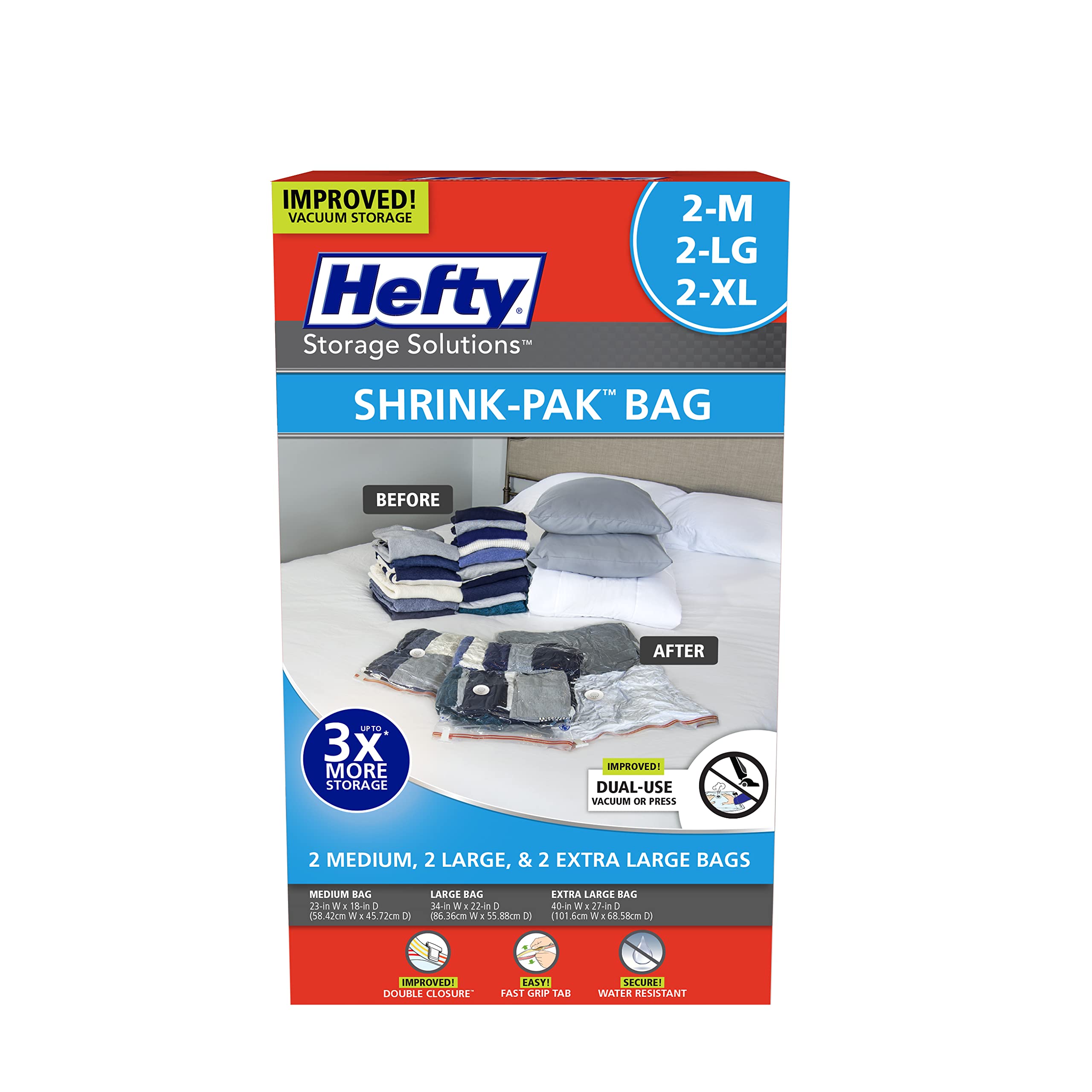 Hefty Shrink-Pak Vacuum Seal Storage Bags - 6 Piece Set (2 Medium, 2 Large, 2 XL) | Space Saving Bags for Clothes, Pillows, Towels & Blankets | Perfect for Travel, Seasonal Storage & Closet Organization