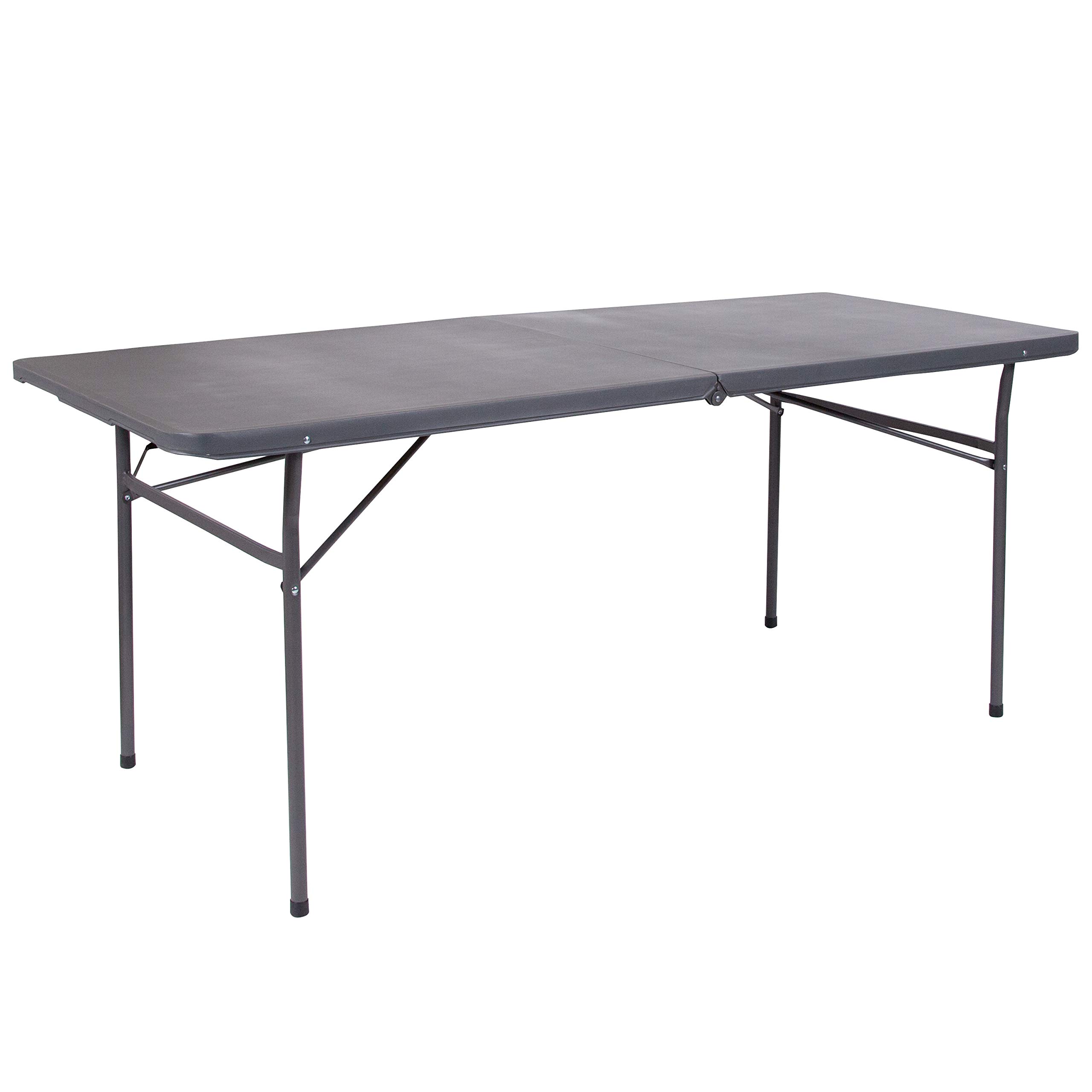 6-Foot Bi-Fold Dark Gray Plastic Folding Table with Carrying Handle - Portable & Sturdy for Parties, Events, Camping & Home Use