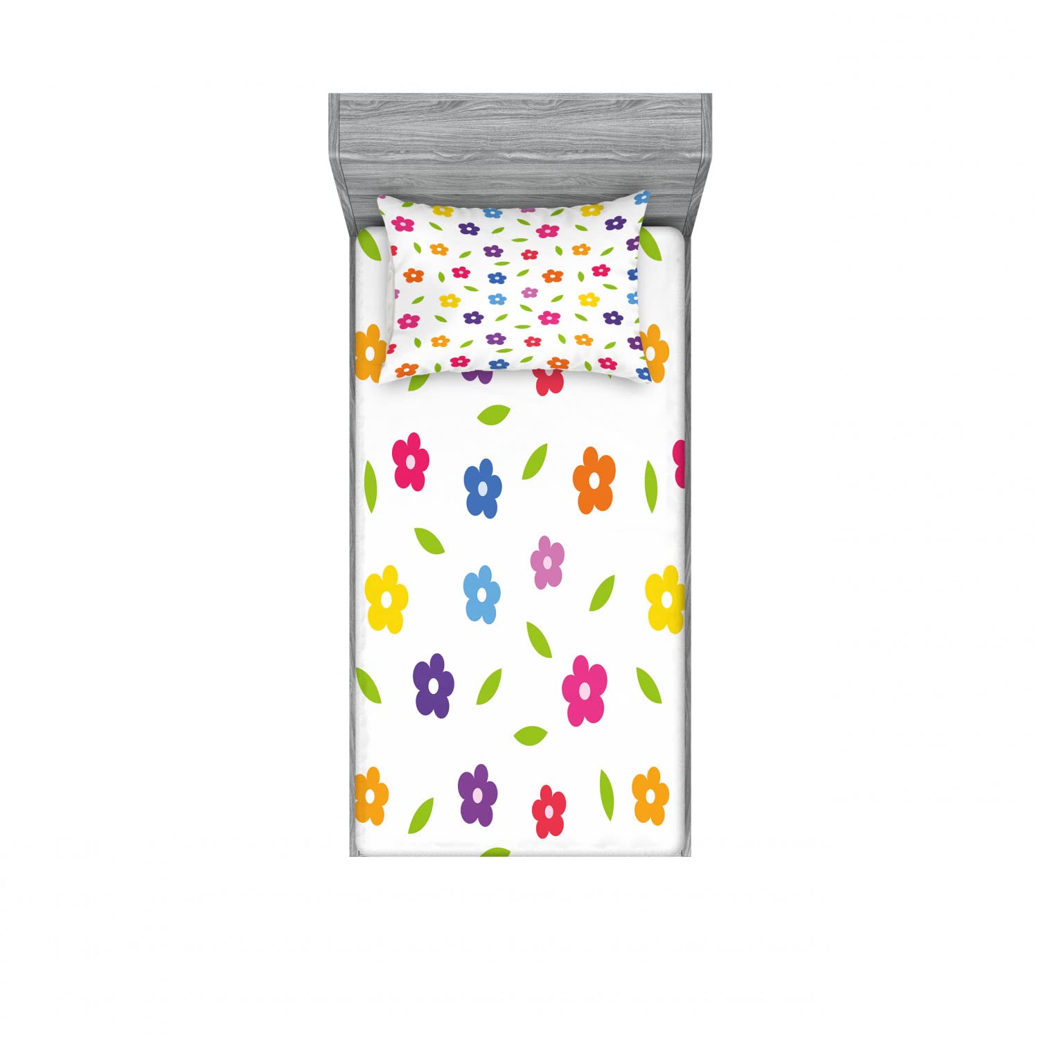 Ambesonne 2-Pack Twin XL Fitted Sheet & Pillow Sham Set - Floral Daisy Meadow Leaves Design, 4-Piece Bedding Decor for Dorm, Guest Room & Kids Bedroom - Soft & Colorful Sheets with Matching Pillow Covers