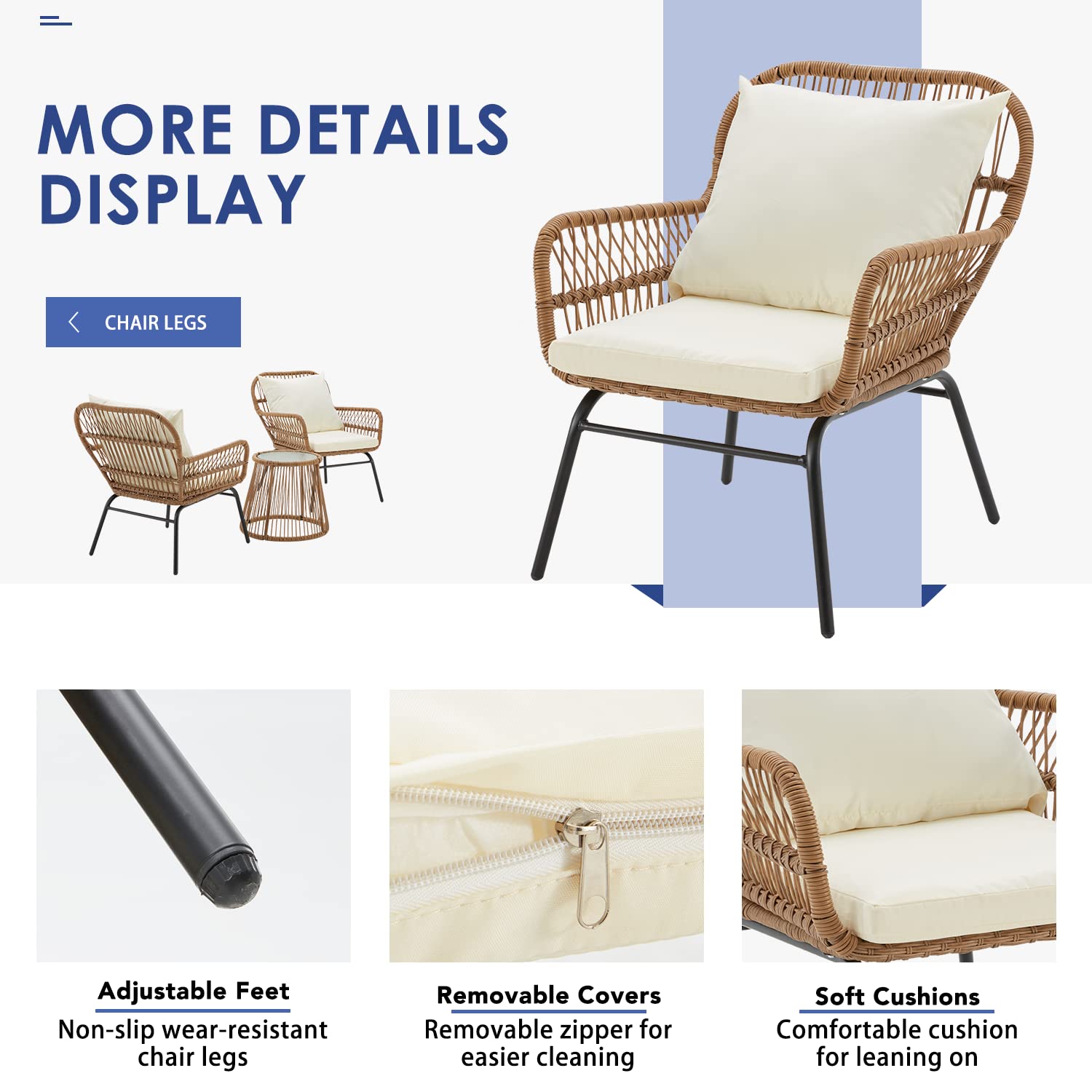 EROMMY 3-Piece Outdoor Patio Furniture Set - All-Weather Wicker Bistro Table with Tempered Glass Top & 2 Ergonomic Armchairs - White Balcony Conversation Set with Cushions for Porch, Backyard, Garden or Poolside Relaxation