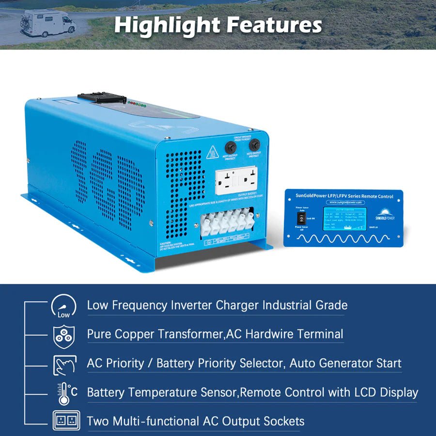 SunGoldPower 4000W 24V Pure Sine Wave Inverter with Charger - Split Phase Power Converter for RVs, Solar Systems & Off-Grid Living