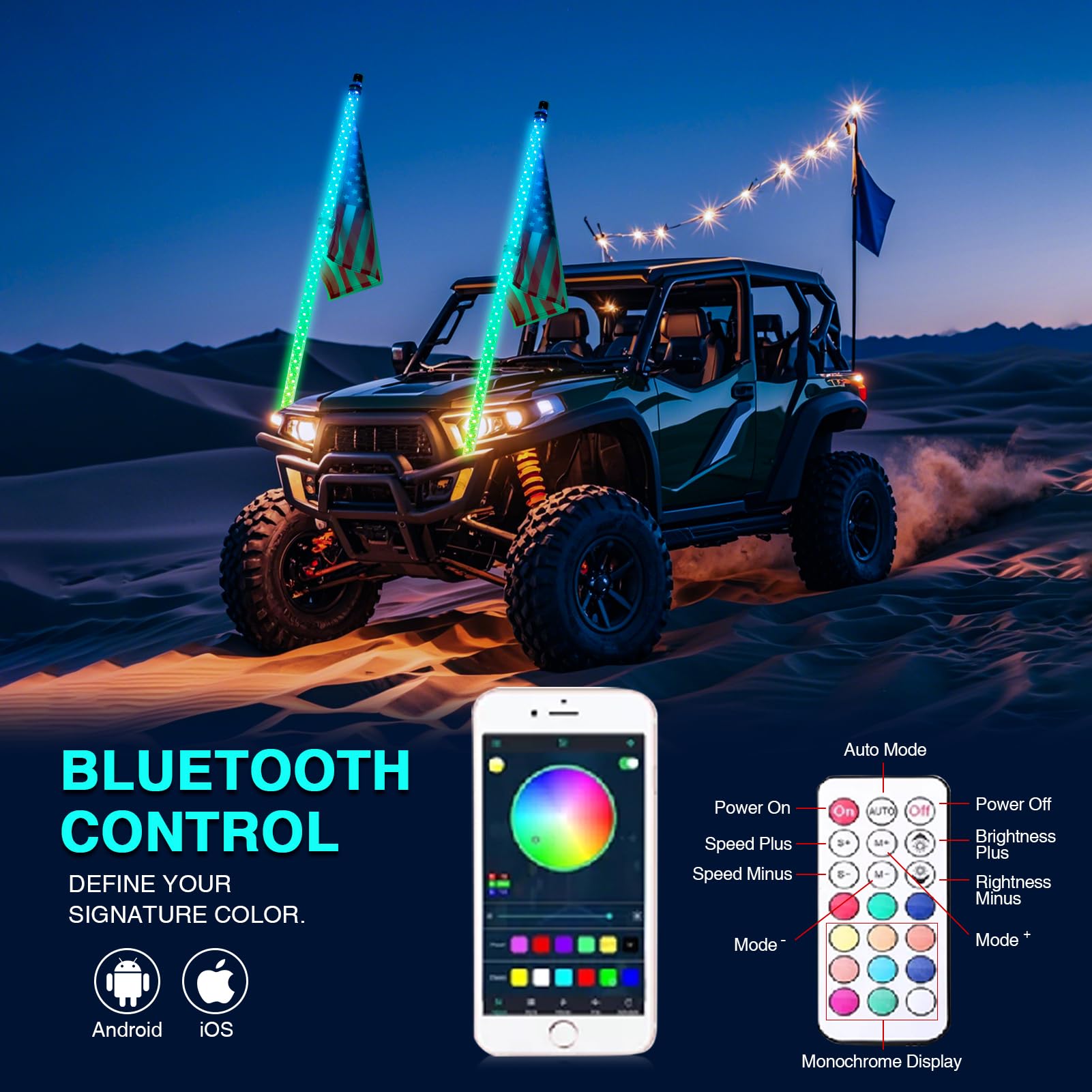 2PCS 4FT LED Whip Lights with App & Remote Control - RGB Color Changing, Music Sync, Turn Signal for UTV/ATV/RZR/SXS/Offroad Trucks - Perfect for Night Riding, Off-Road Adventures & Trail Parties