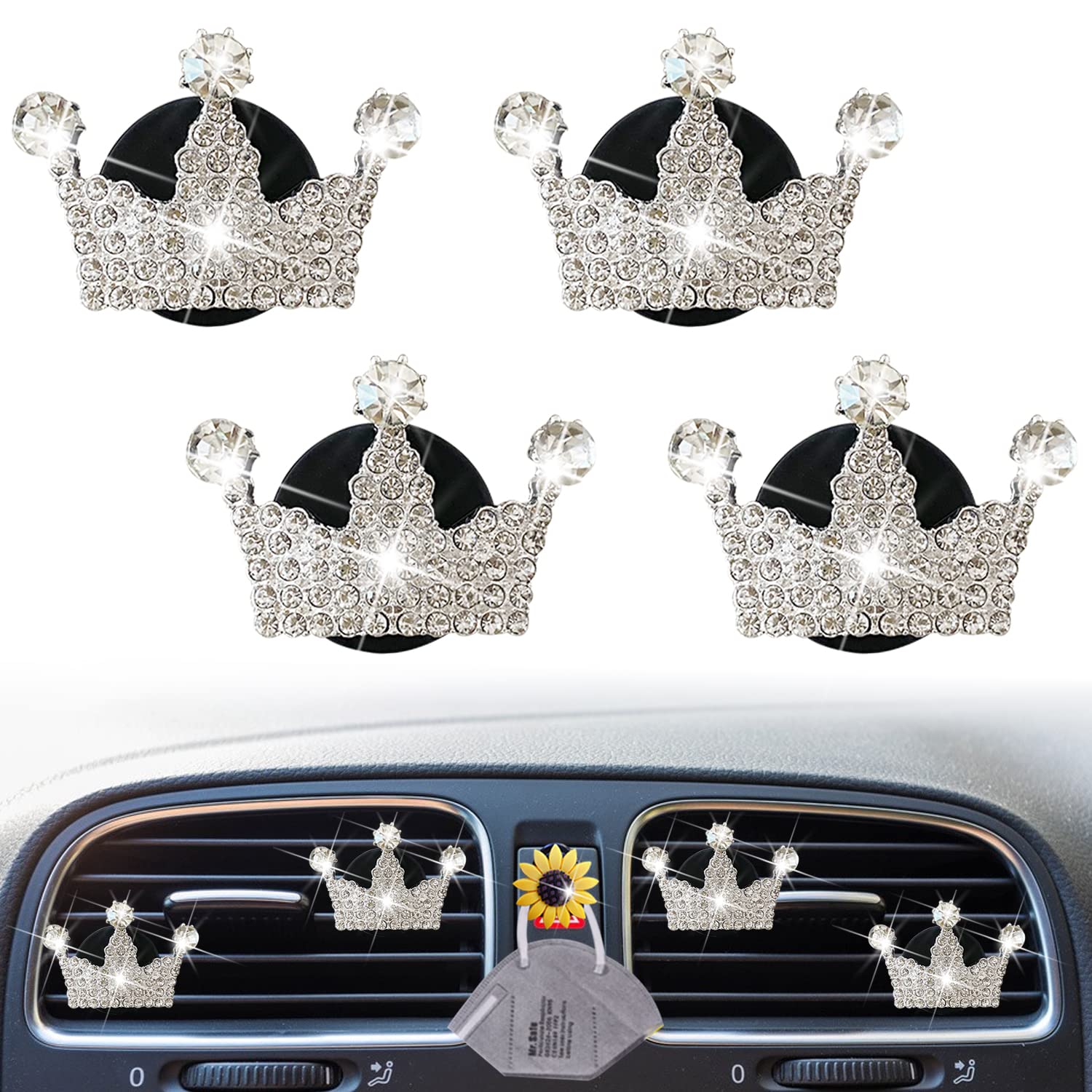 4PCS Bling Crown Car Air Vent Clips - Elegant Car Air Freshener & Diffuser with Sunflower Mask Hook - Cute Car Interior Decor for Women - Perfect for Daily Commute, Road Trips & Gift Giving