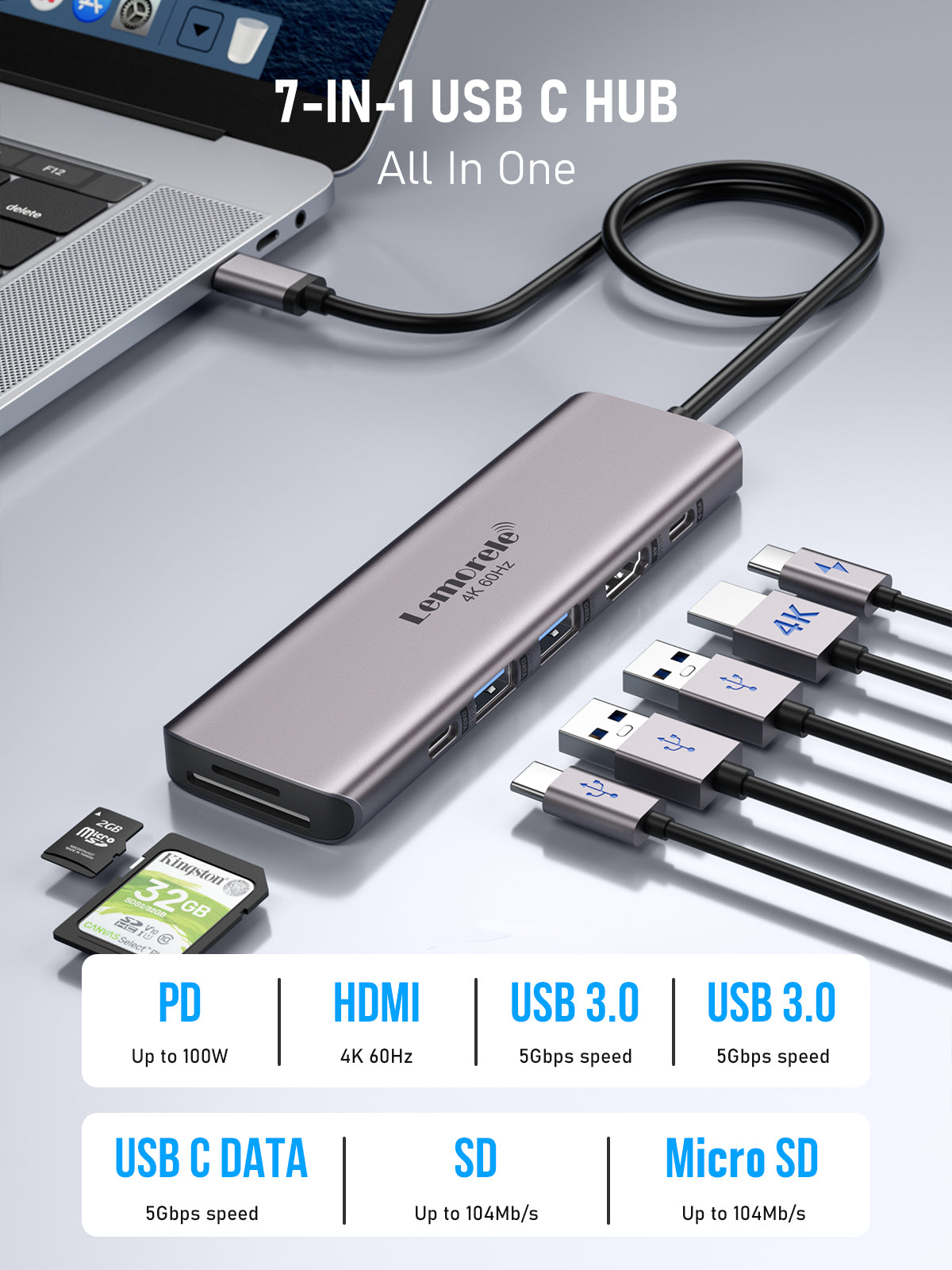 LEMORELE™ TC45 | 7-in-1 USB C Hub with 4K HDMI, USB 3.0, SD/TF Card Reader, 100W PD - Perfect for MacBook Pro/Air, iPad Pro, Dell XPS & More