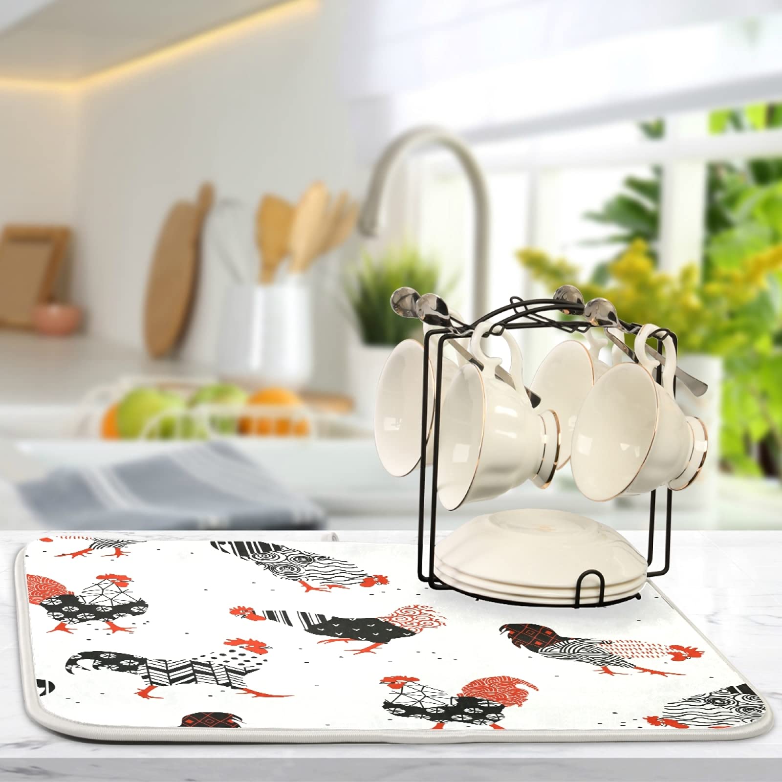 Rooster Plaid Dish Drying Mat 18x24 Inch - Absorbent Microfiber Kitchen Counter Protector for Home Decor