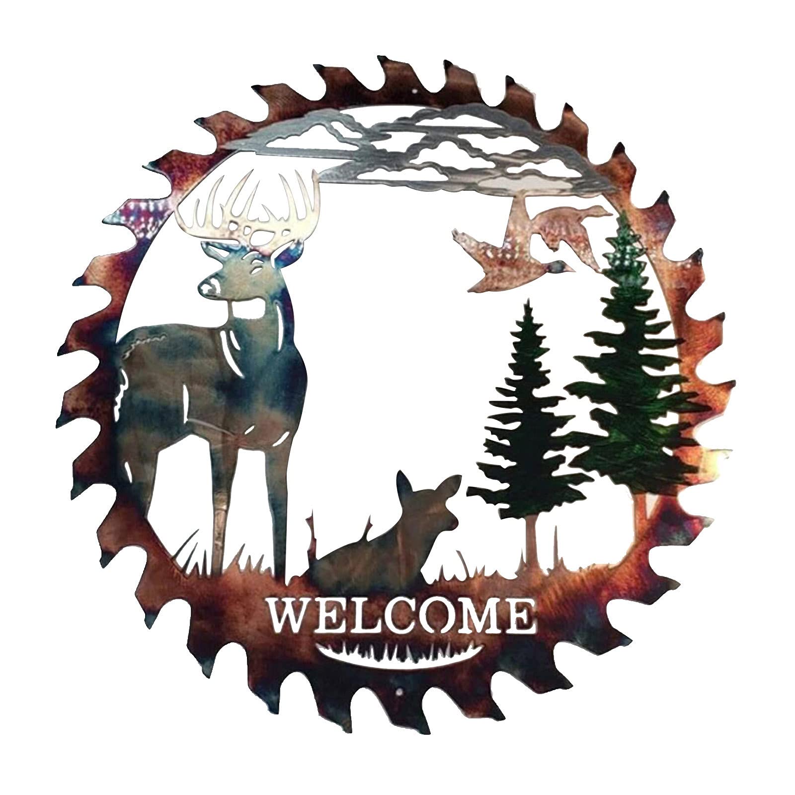 cobkk Whitetail Welcome Sawblade Cut Out Metal Wall Art - Rustic Home Decor for Bedroom, Garden, Patio, Balcony, Kitchen, Farmhouse & Bathroom - Perfect for Country Style Interior & Outdoor Decorations