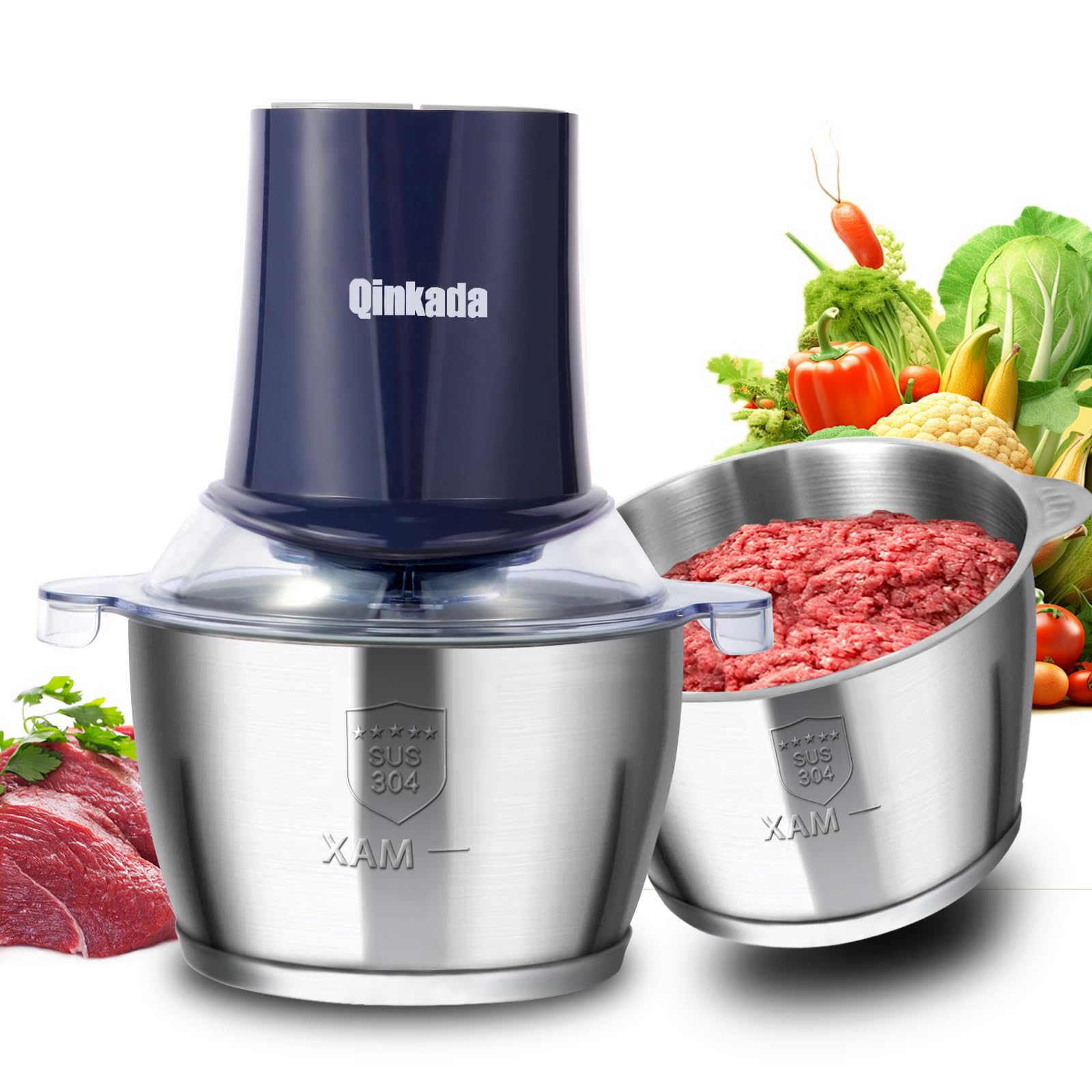 400W Electric Food Processor with 2 Speeds - Includes 2 Stainless Steel Bowls (8 Cup), Meat Grinder, Chopper, 2 Blades & Spatula - Perfect for Meal Prep, Smoothies & Homemade Baby Food (Blue)