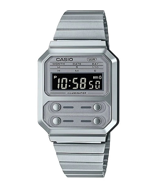 Casio A100WE-7B Vintage Digital Watch - Silver Metal Band for Men & Women - Retro Style for Everyday Wear, Office & Casual Outfits