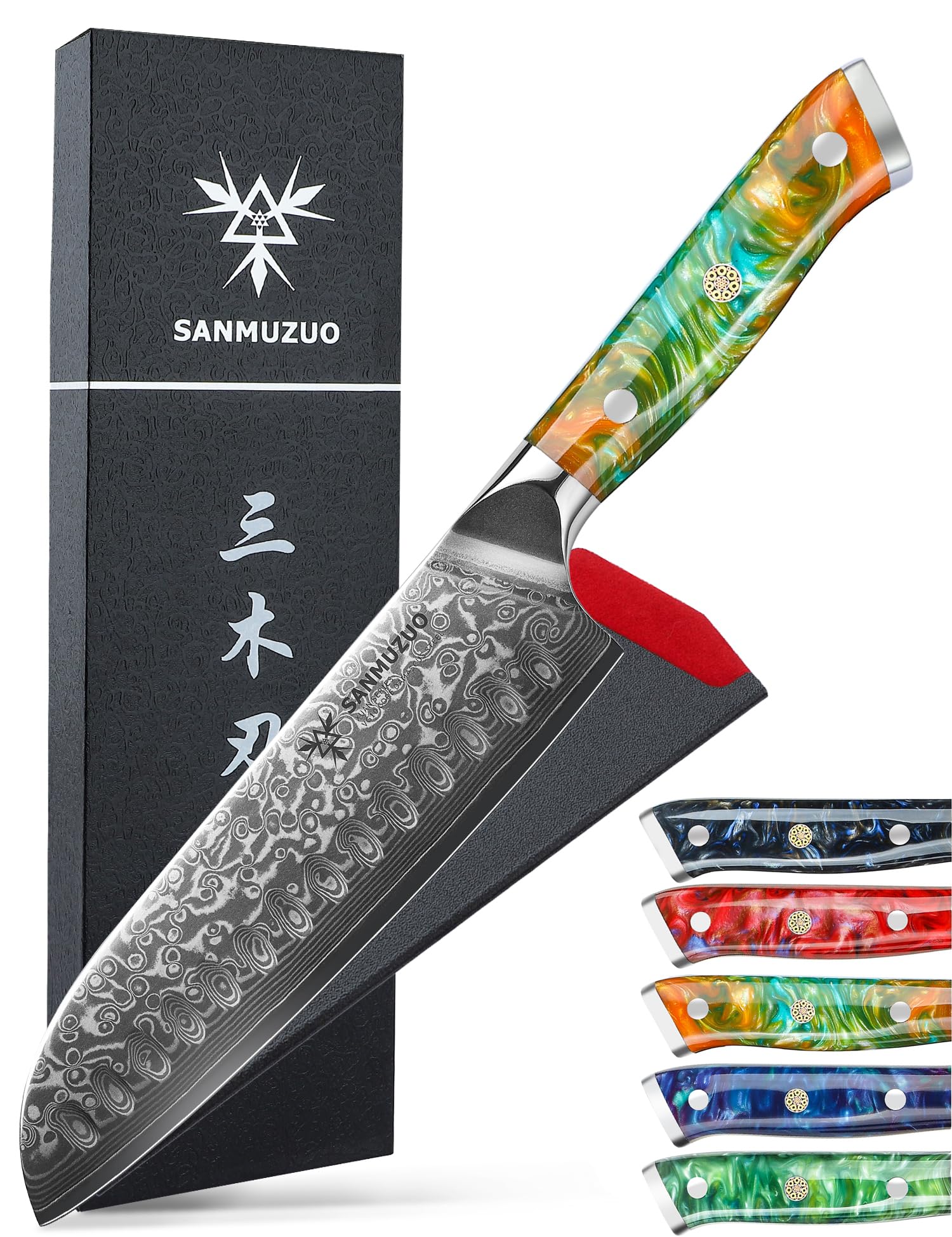 7 Inch Santoku Knife - VG10 Damascus Steel Japanese Kitchen Knife with Resin Handle (Fantasy Orange) - Xuan Series - Perfect for Slicing, Dicing & Chopping Vegetables, Meat & Fish