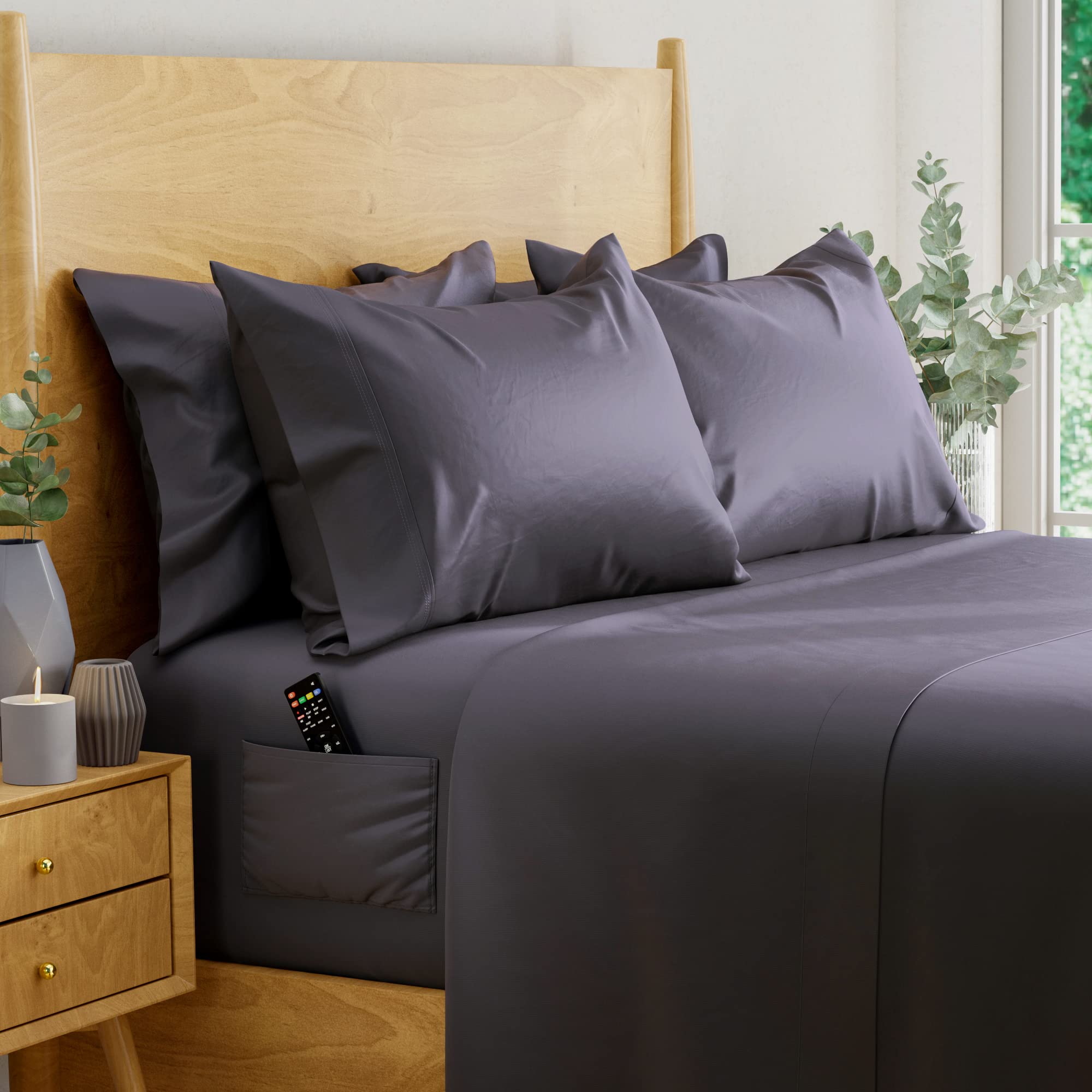 100% Eucalyptus Tencel Lyocell Bed Sheets Set - Full Size Cooling Sheets for Hot Sleepers with Deep Pockets & 2 Side Pockets (6-Piece, Charcoal) | Breathable & Moisture-Wicking Bedding for Summer Nights & Hot Climates