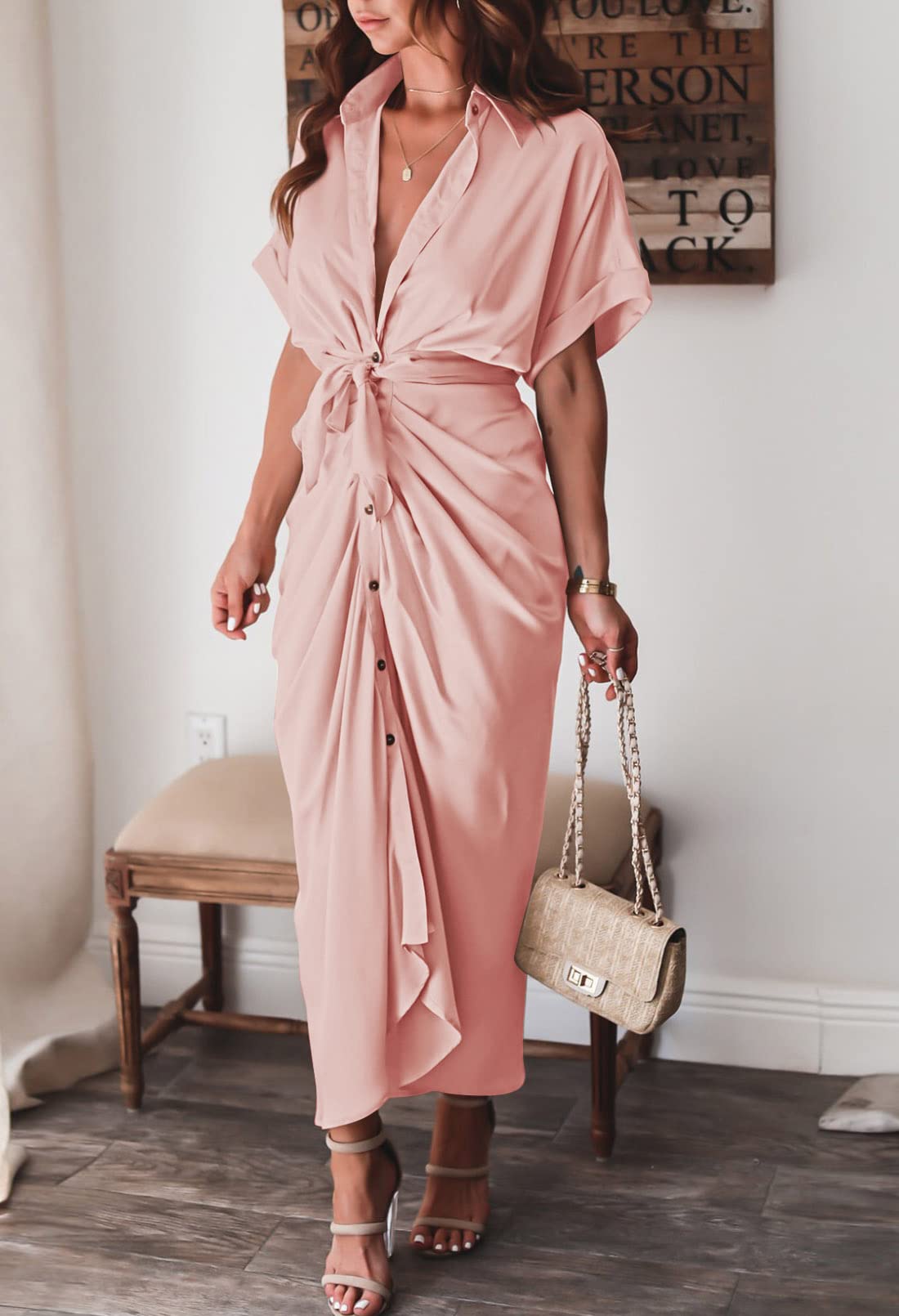 Elegant Women's Satin Button Down Short Sleeve Maxi Shirt Dress with Belt - Perfect for Summer Outings, Beach Vacations & Casual Office Wear