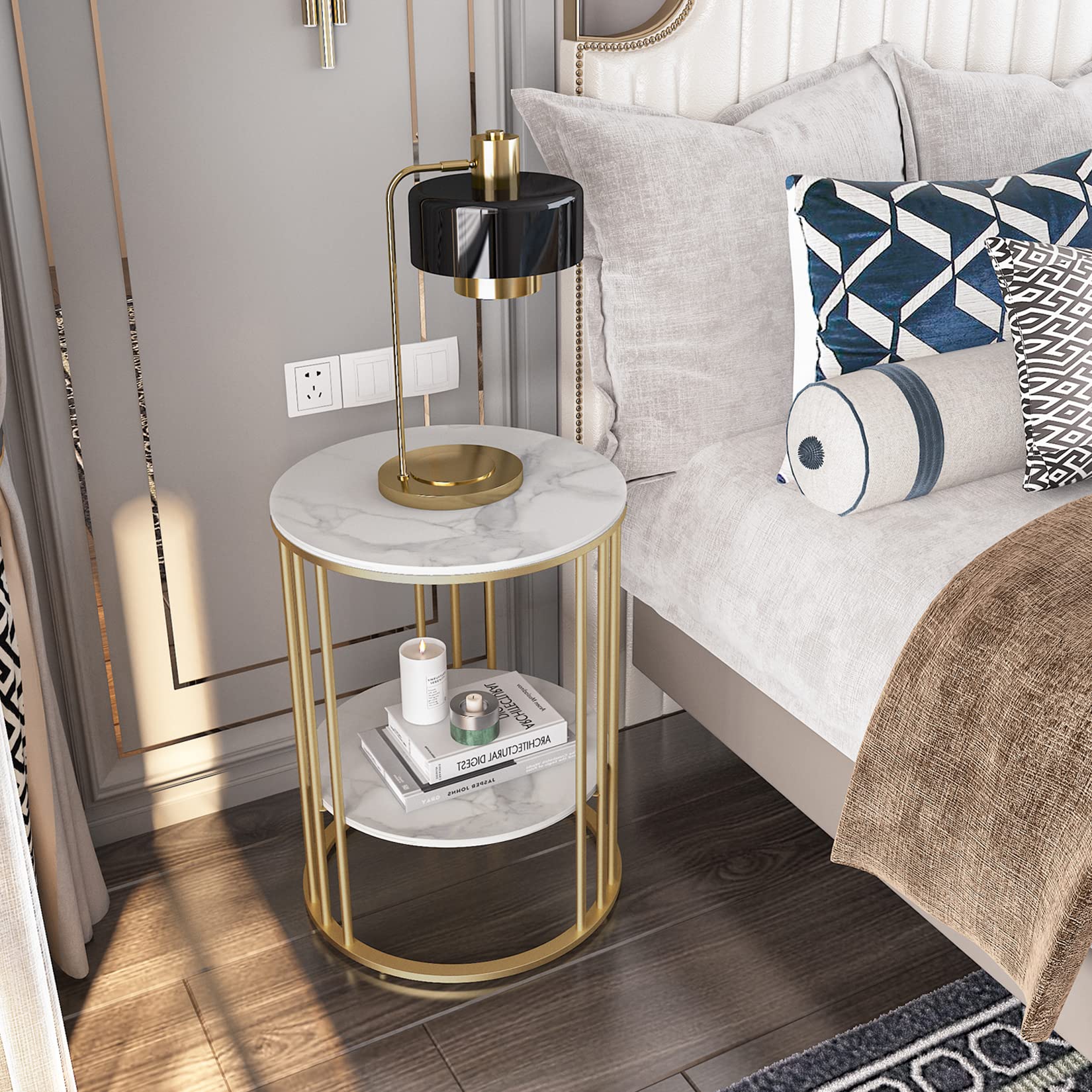 Wisfor Sintered Stone End Table - 2 Tier Round White Side Table with Golden Frame - Modern Small Coffee Table & Nightstand for Living Room, Bedroom - Perfect for Holding Drinks, Books & Decor