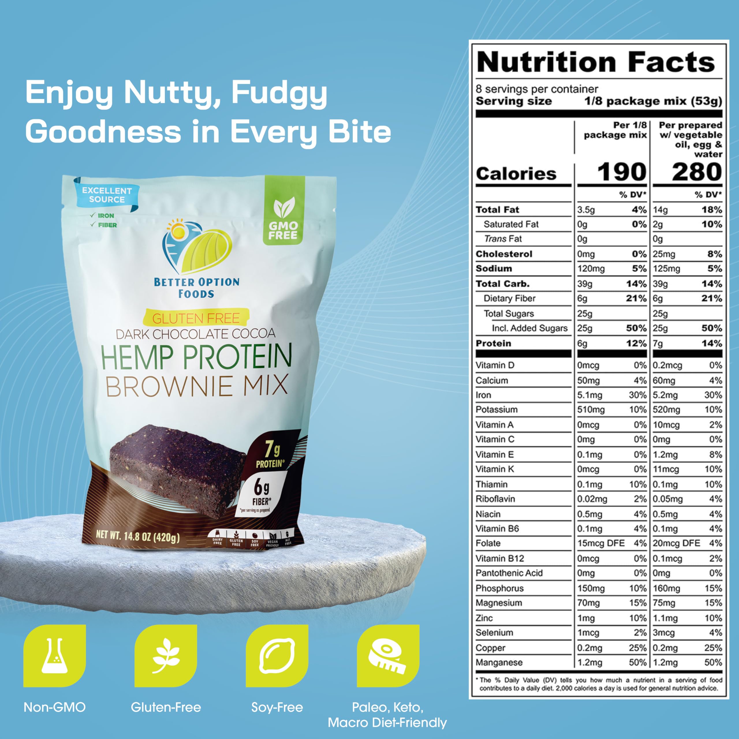 Organic Hemp Protein Brownie Mix - Vegan Plant-Based Protein Powder with Dark Cocoa & Natural Cane Sugar - Gluten Free, Dairy Free, Non-GMO Chocolate Baking Mix for Healthy Desserts - Perfect for Post-Workout Snacks, Vegan Treats & Guilt-Free Indulgence (14.8 oz) by Better Option Foods