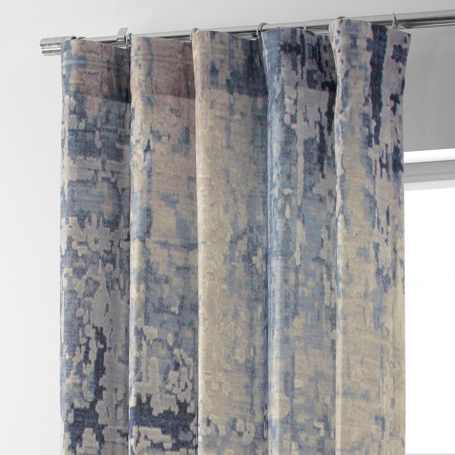 Lake Blue Abstract Textured Printed Cotton Curtains for Living Room & Bedroom - Modern Window Drapes with Artistic Design for Home Decor