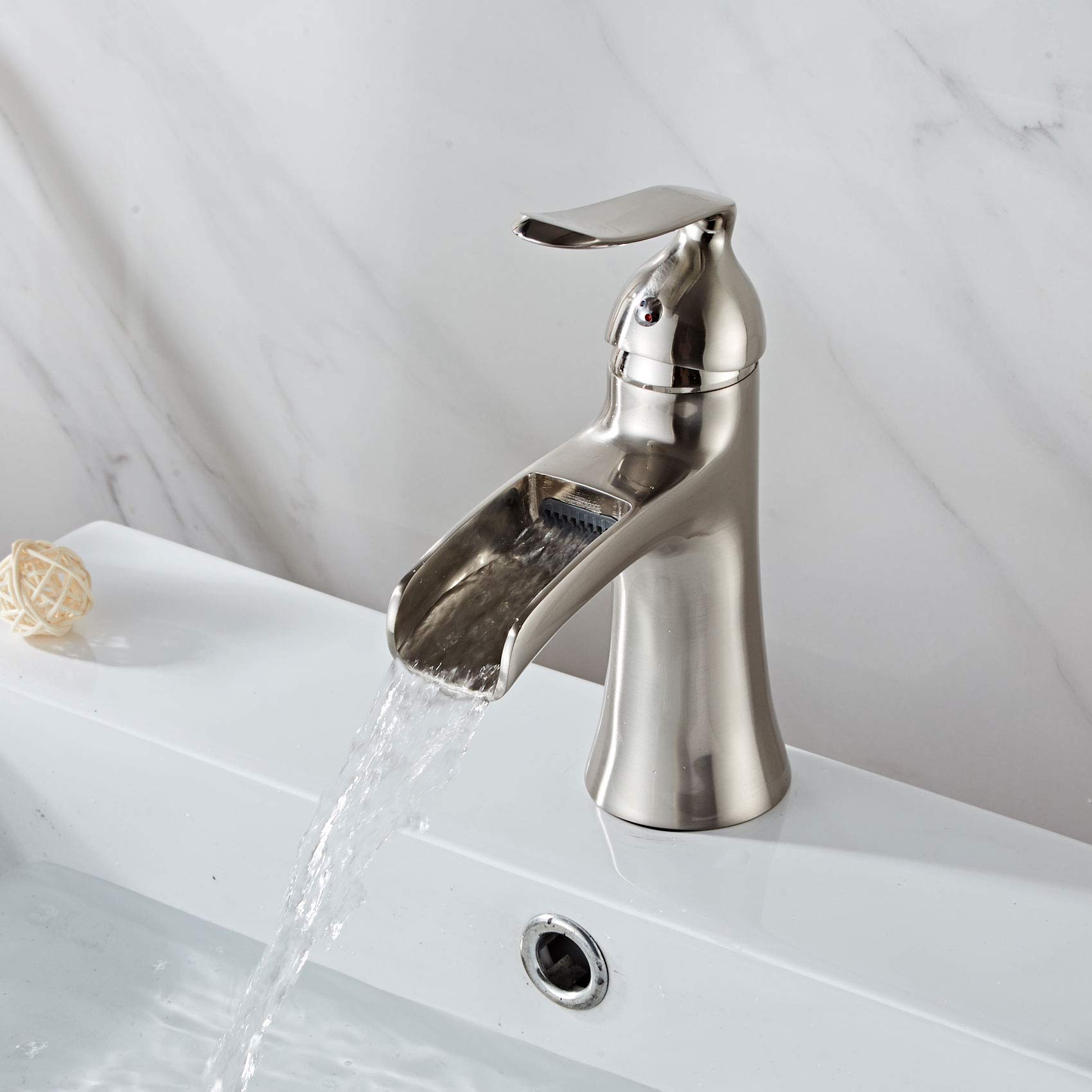 Brushed Nickel Waterfall Bathroom Sink Faucet - Single Handle Single Hole Lavatory Faucet with Supply Hose & Cover Plate - Commercial Basin Mixer Tap for Modern Bathroom & Powder Room