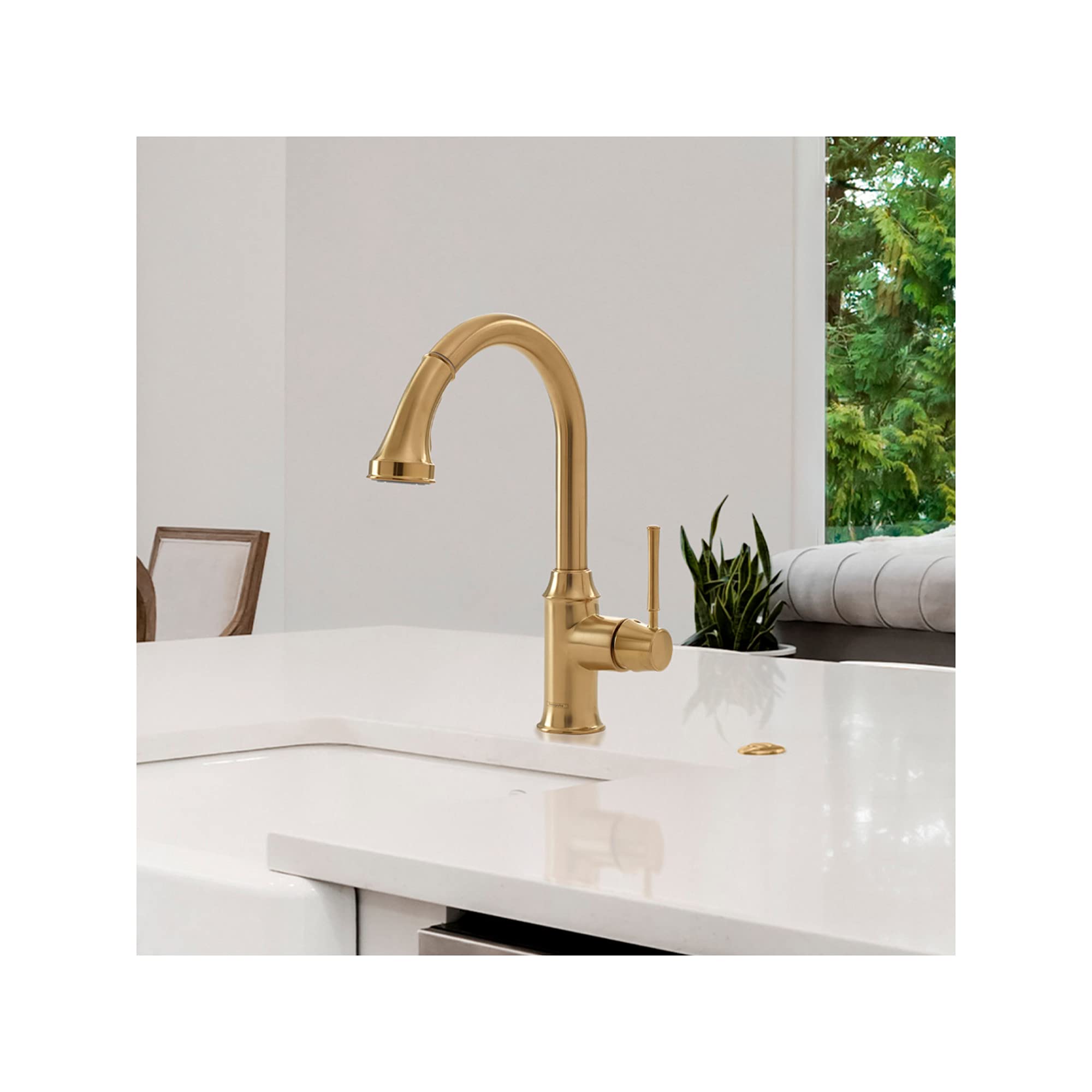 Hansgrohe Talis C Gold High Arc Pull-Down Kitchen Faucet with Sprayer - Brushed Gold Finish (Model 04215250) - Perfect for Modern Farmhouse & Luxury Kitchen Renovations
