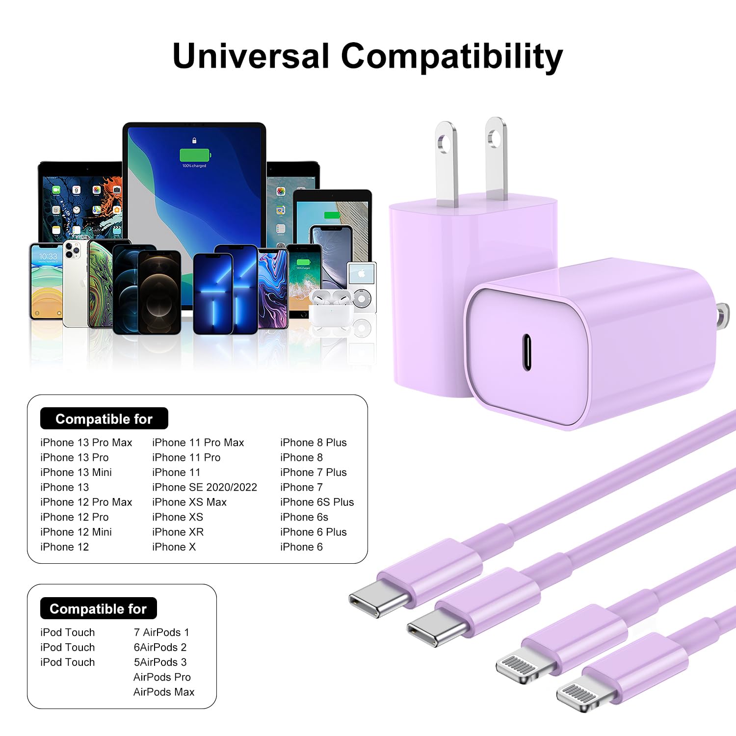 20W Fast Charger with 6ft USB-C to Lightning Cable for iPhone 14/13/12/11 Pro Max/XS - Purple | Quick Charging Block & Cord for Home, Office & Travel