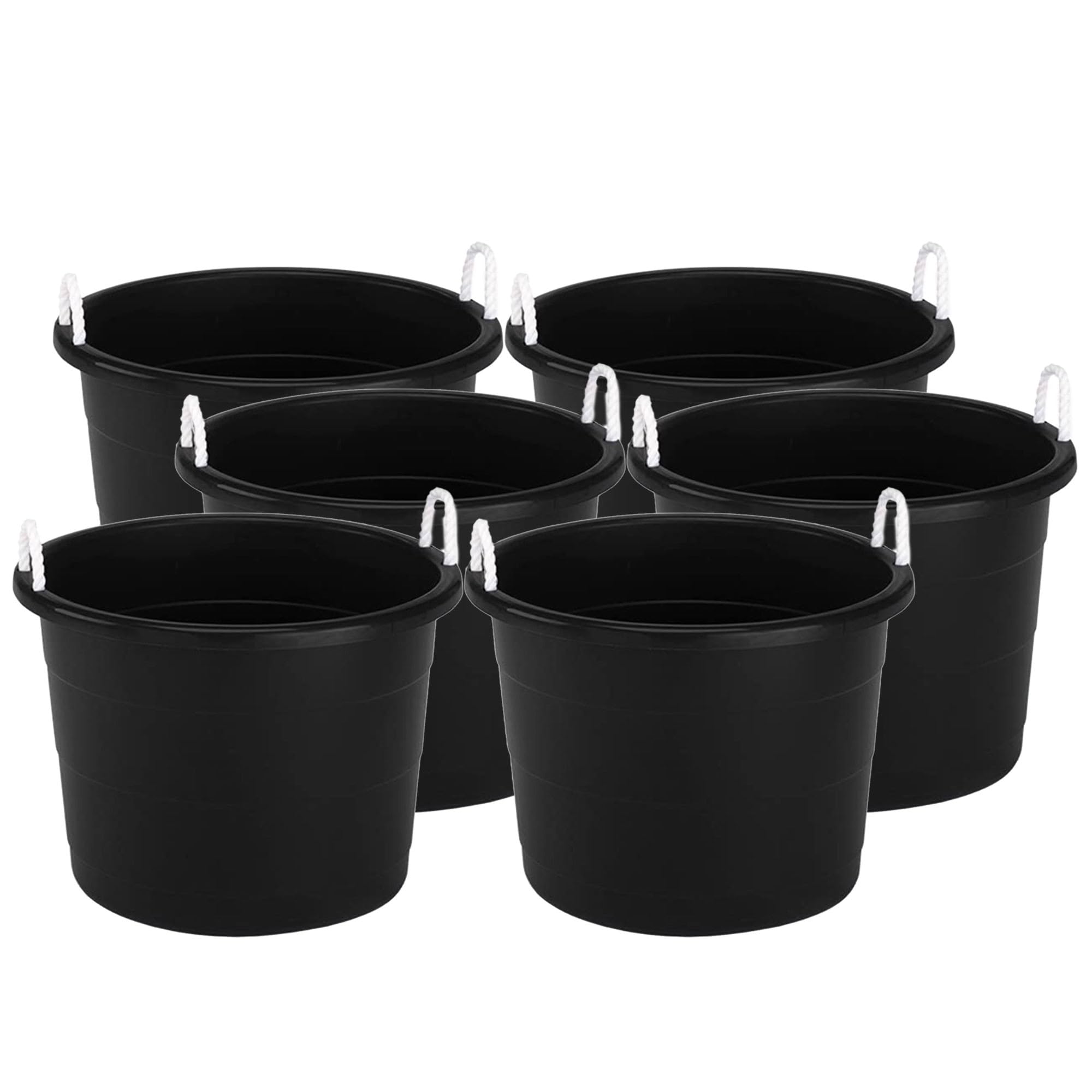 HOMZ 6-Pack 18 Gallon Large Plastic Storage Buckets with Rope Handles - Heavy Duty Utility Tubs for Organizing, Cleaning, and Outdoor Use - Black