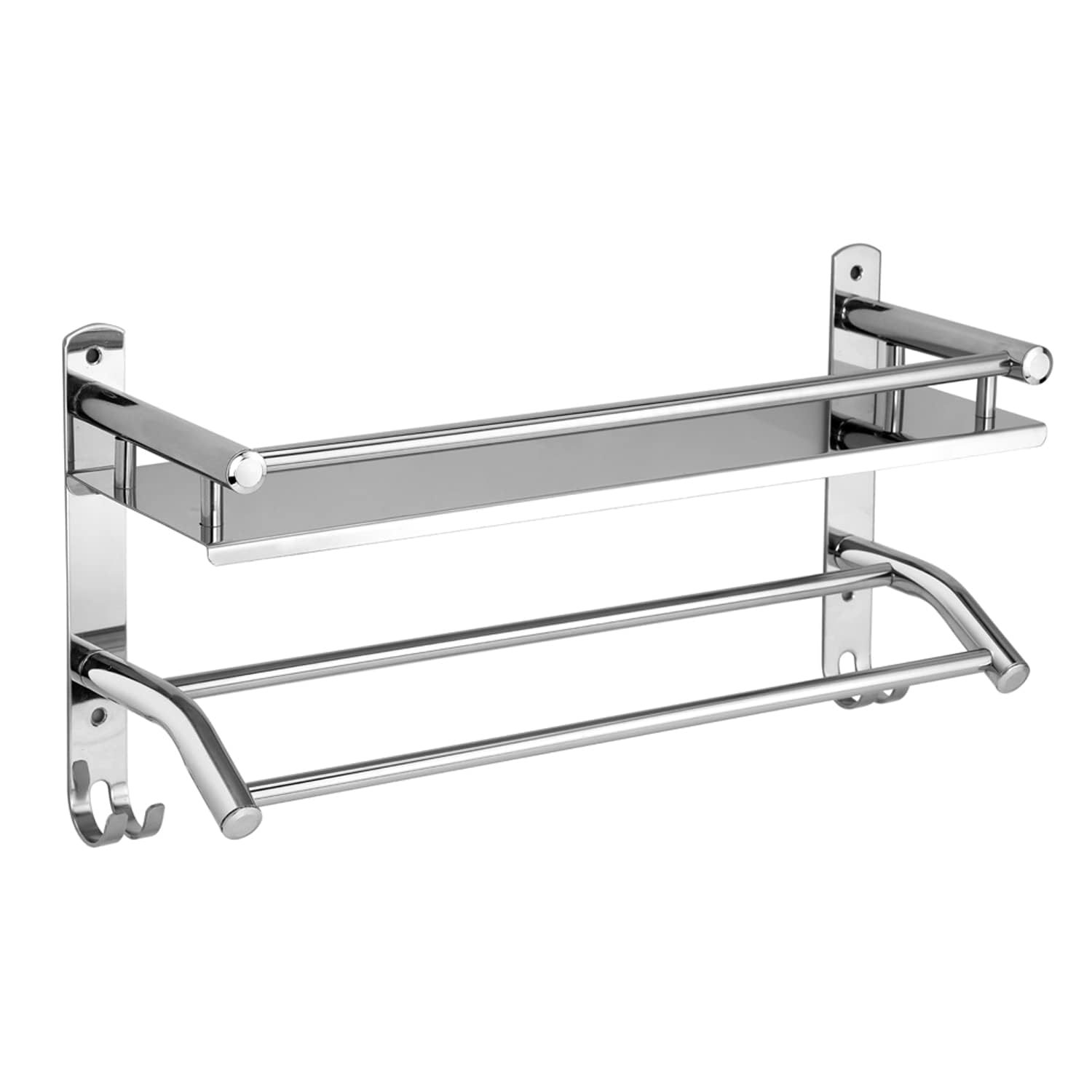 Stainless Steel Bathroom Shelf with Towel Bar & Hooks - Wall Mount Organizer for Kitchen & Bathroom Storage - Perfect for Towels, Toiletries & Accessories - Silver